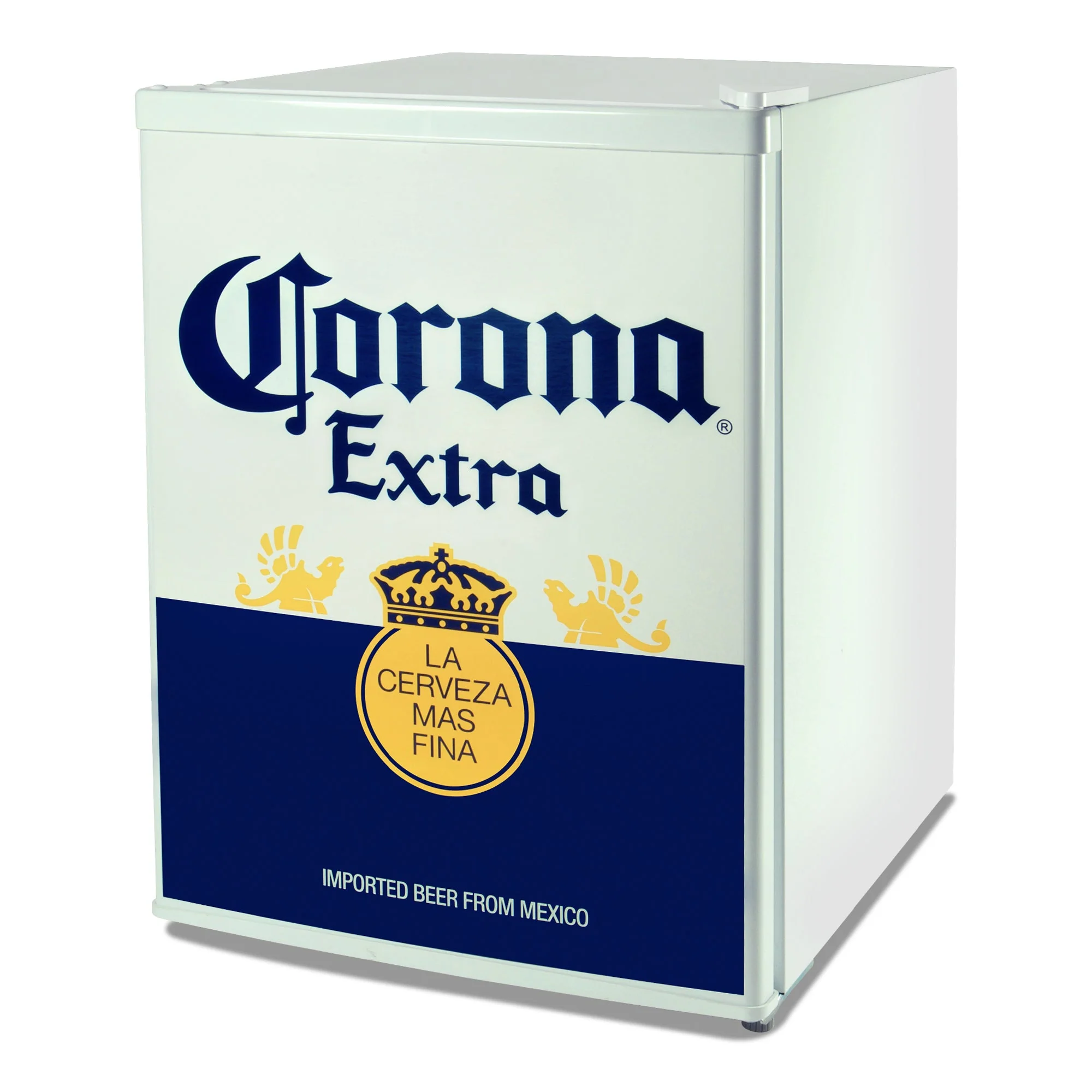 Corona Compact Bar Fridge w/ Freezer, 2.4 Cu Ft (70L), Blue and White, Licensed Corona Graphics, Tempered Glass Shelves, Space-Saving Flat Back, Reversible Door, for Den, Dorm, Office, Home Bar