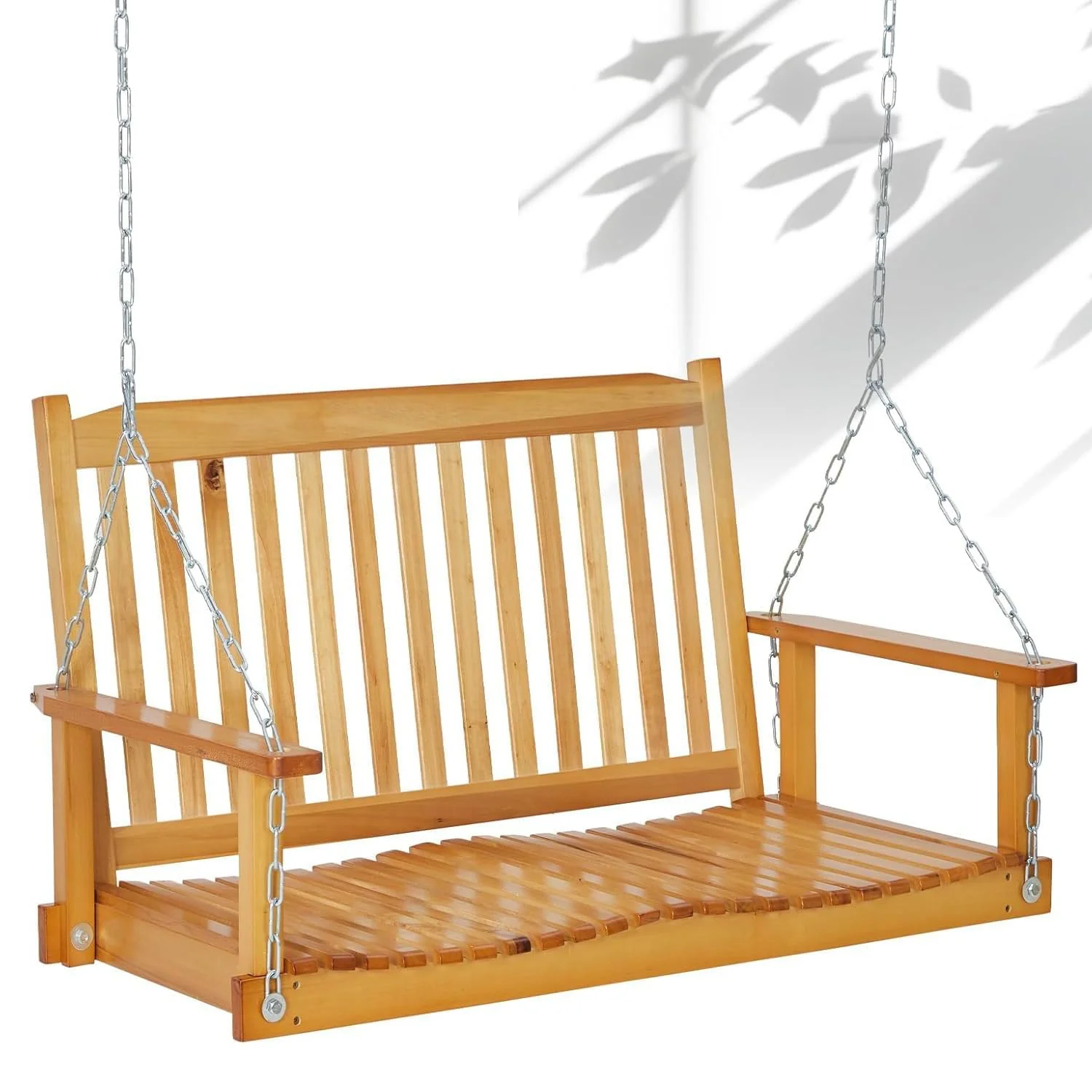 Garvee 2 Seater Outdoor Wooden Porch Swing - Heavy Duty 440 lbs Capacity, Two-Person Patio Swing with Hanging Chains for Garden, Deck & Backyard, Rustic Natural Wood Finish - Natural Wood Color