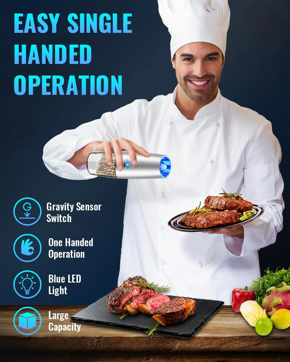 Electric Salt & Pepper Grinder Set, Adjustable Coarseness, LED, One-Hand Use, Stainless Steel 2-Pack