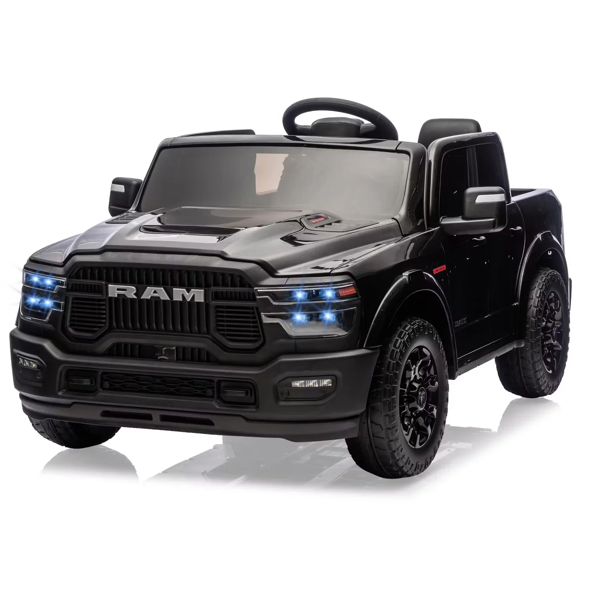 Garvee 2-Seater Electric Ride-On Truck for Kids, 24V RAM 2500 Licensed, Bluetooth, Remote Control, Suspension, LED Lights, Black, Outdoor Adventure