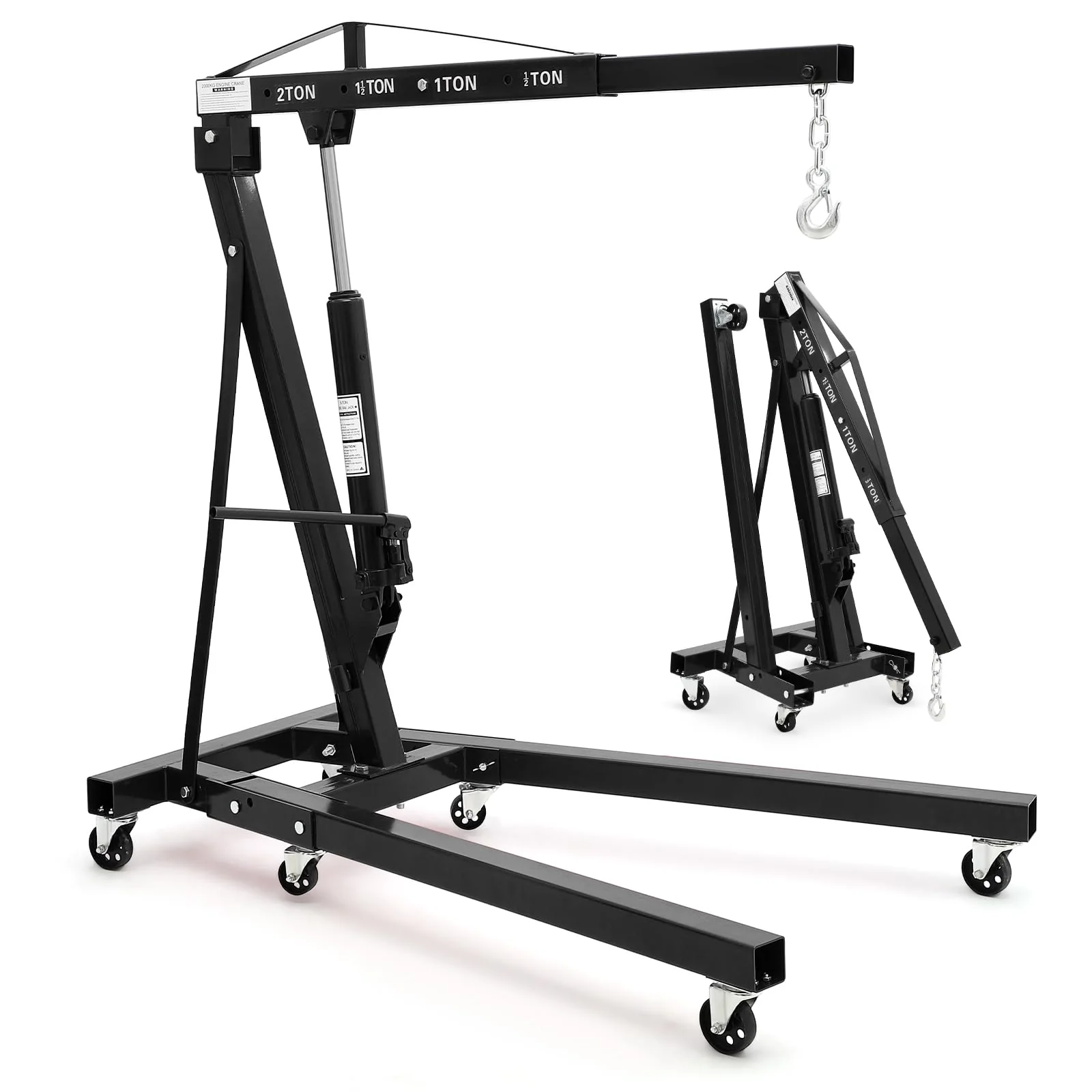 Garvee 2-Ton Folding Engine Hoist - 4400 lbs Capacity Cherry Picker Hydraulic Shop Crane with Telescoping Boom, 6 Caster Wheels, Hitch, and Storage Stand for Automotive Repair and Garage Use, Black