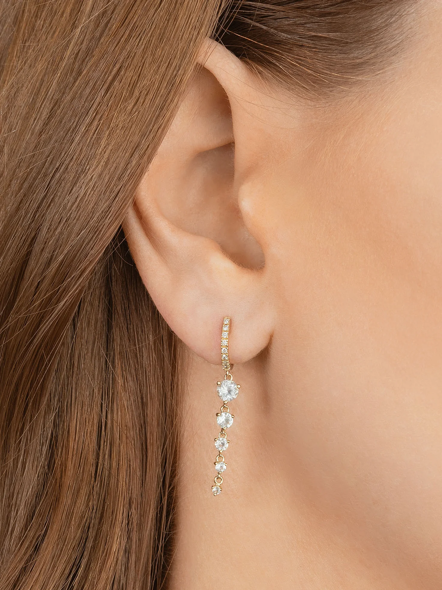 Five Solitaire Drop Huggie - White Diamond and White Topaz / 14k Yellow Gold