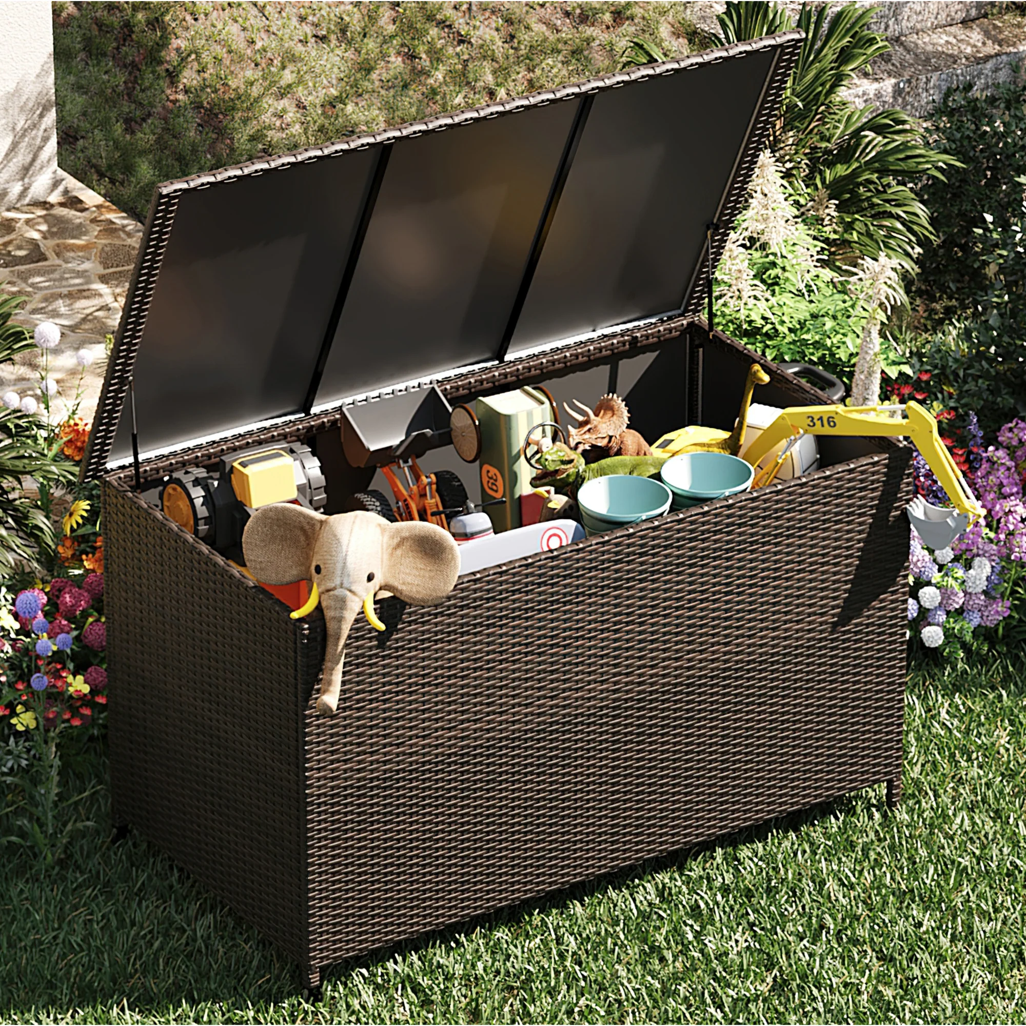 Garvee 182 Gallon Large Outdoor Deck Box with Wheels - Waterproof Rattan Storage for Patio Cushions & Pool Accessories, Flip Lid, Easy Assembly, Dark Brown