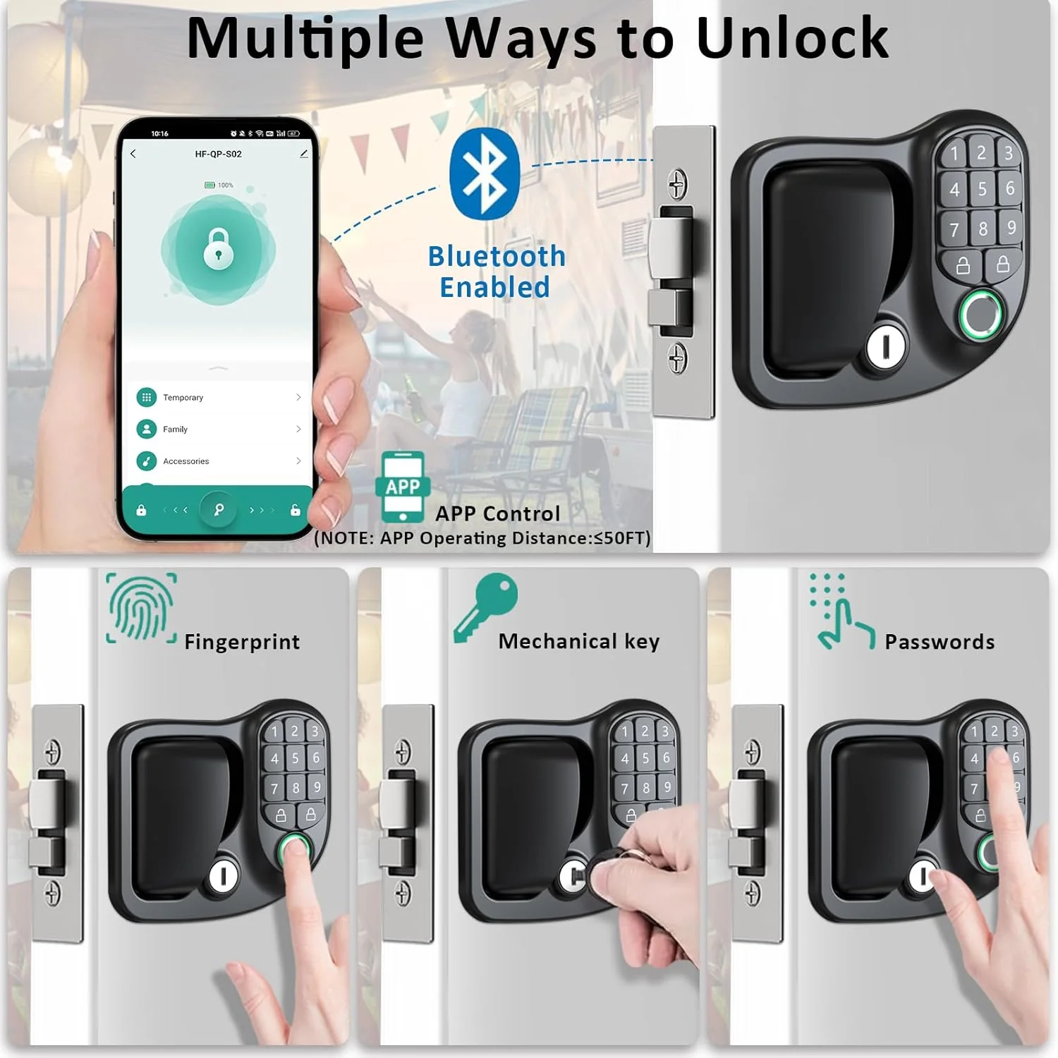 4-in-1 Keyless RV Door Lock: Bluetooth, Fingerprint, Passwords & Keys, Opening Size 3.75