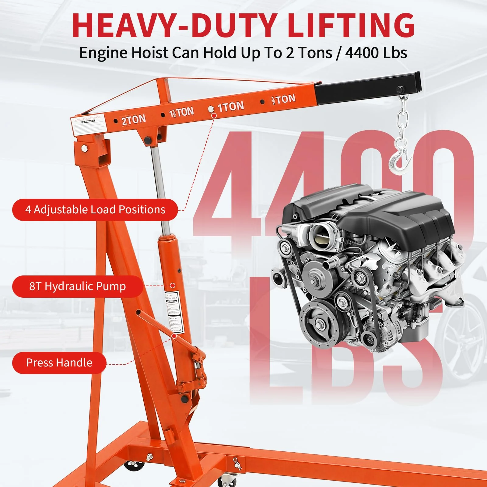 Garvee 2-Ton Folding Engine Hoist - Cherry Picker Hydraulic Shop Crane with 4400 lbs Capacity, Orange