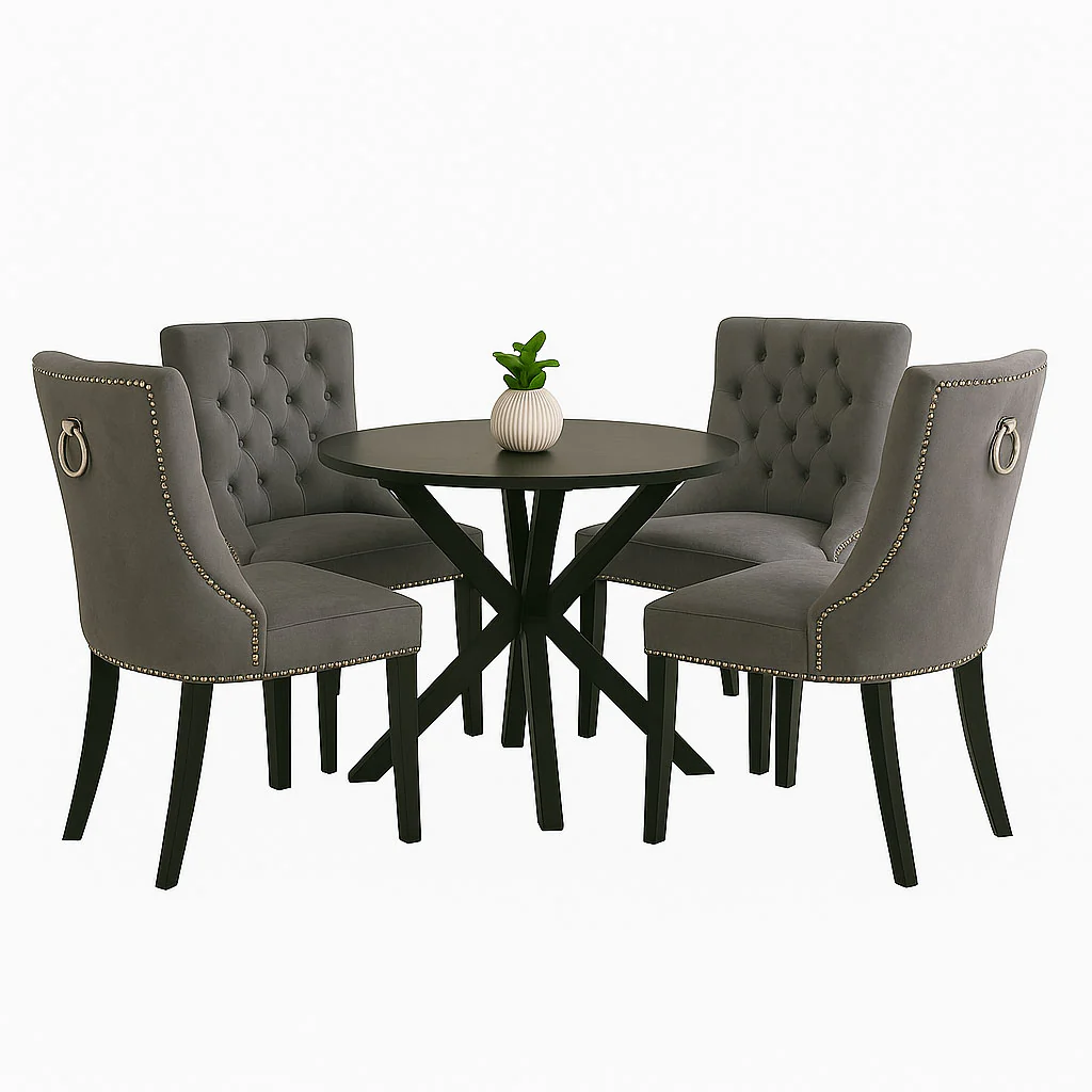 Neo Set of Four Dark Grey Studded Velvet Dining Table Chair with Ring Knocker Detail