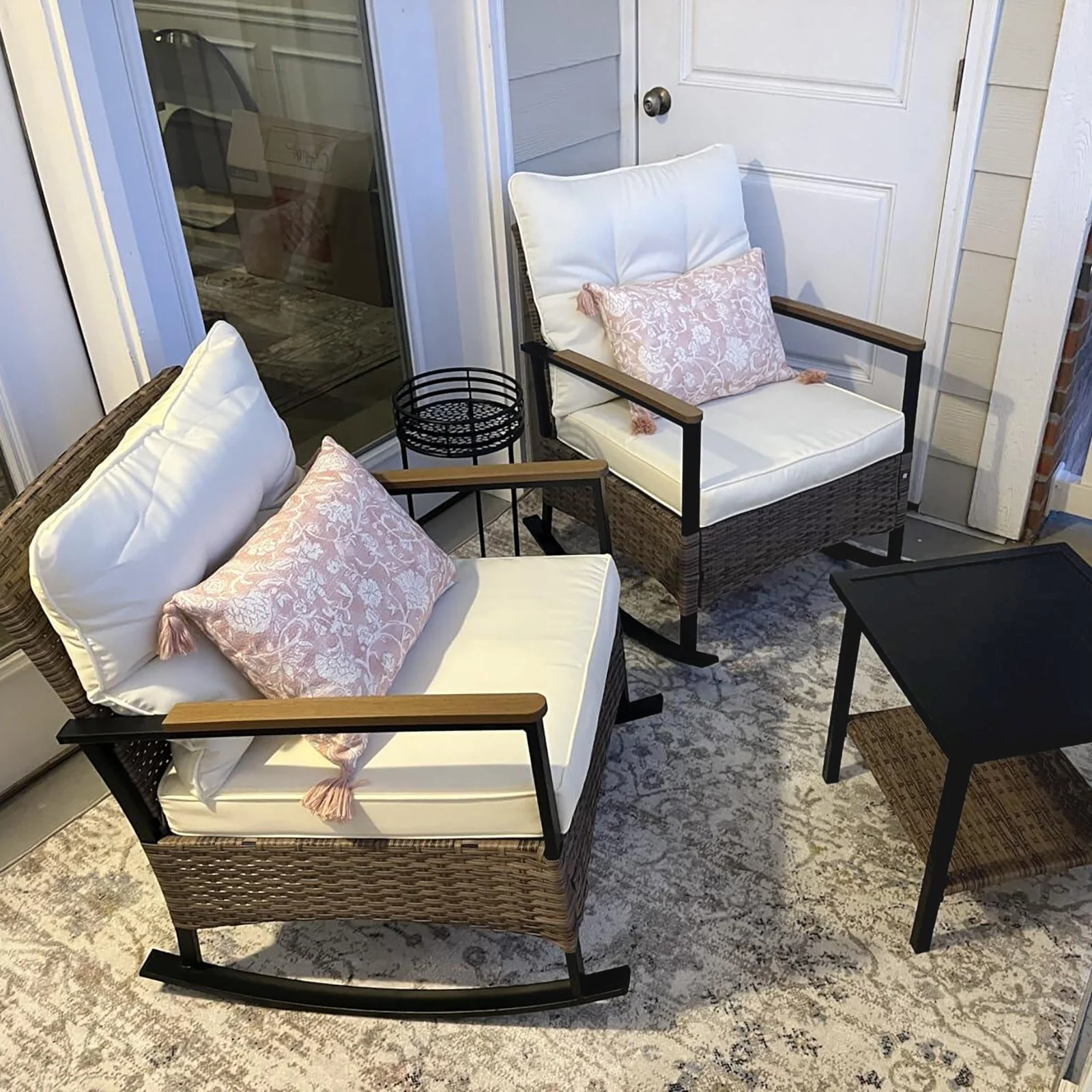 3 PCS Mojave Dusk Patio Wicker Furniture, 2 Rocking Chairs and Side Table, Brown/Beige