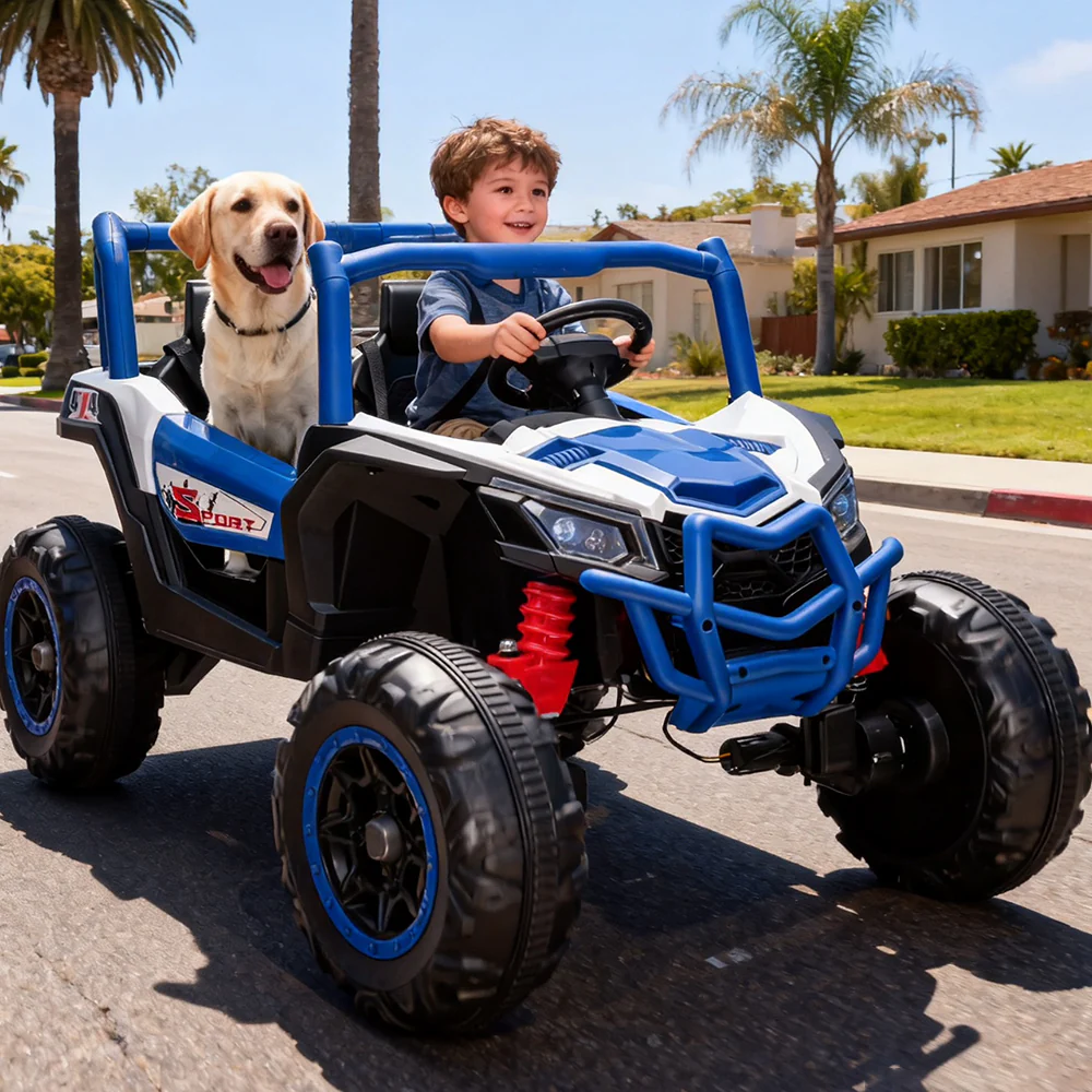 Garvee 2 Seater Ride on Car for Kids, 24V Powered Electric Off-Road UTV Ride Toy, 4WD Electric Vehicle with Remote Control, LED Lights, Bluetooth, 3 Speeds, Horn, 2 Spring Suspension (Blue)