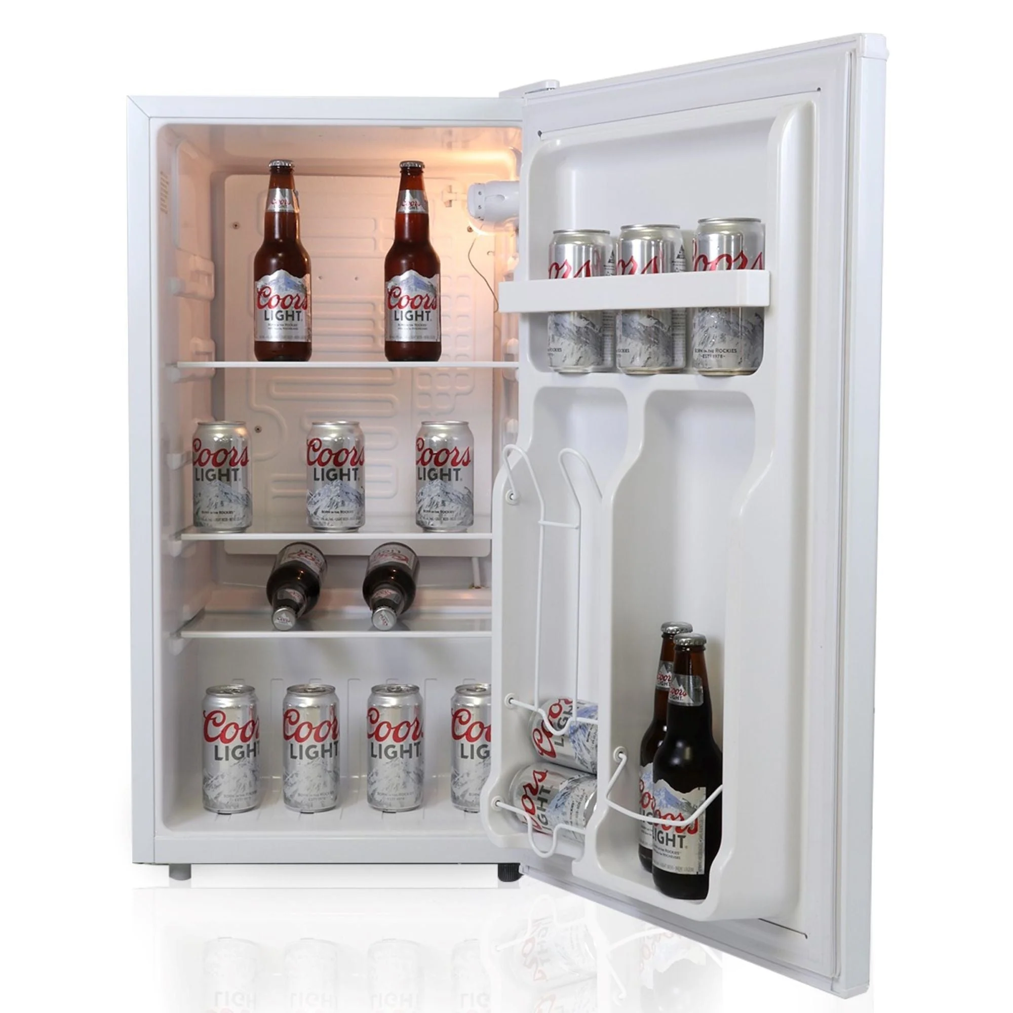 Coors Light Compact Fridge w/ Bottle Opener, 3.2 cu ft (90L), White, Space-Saving Flat Back Design, Reversible Door, Tempered Glass Shelves, Licensed Coors Light Artwork, Perfect for Beer-Lovers
