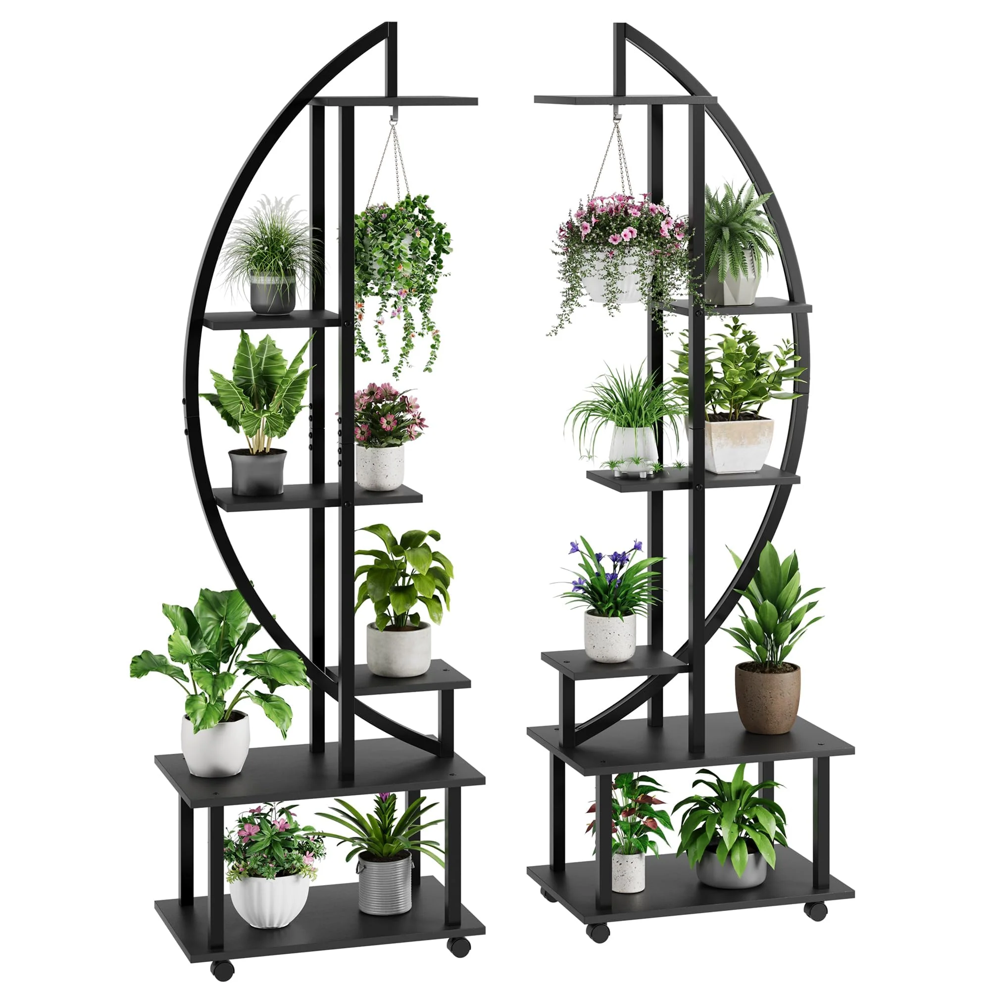 Garvee 2 Pack 6 Tier Tall Plant Stand Metal Indoor + Half Moon Design + Detachable Wheels + Drawers + 12 Pot Stands + Home Patio Lawn Garden