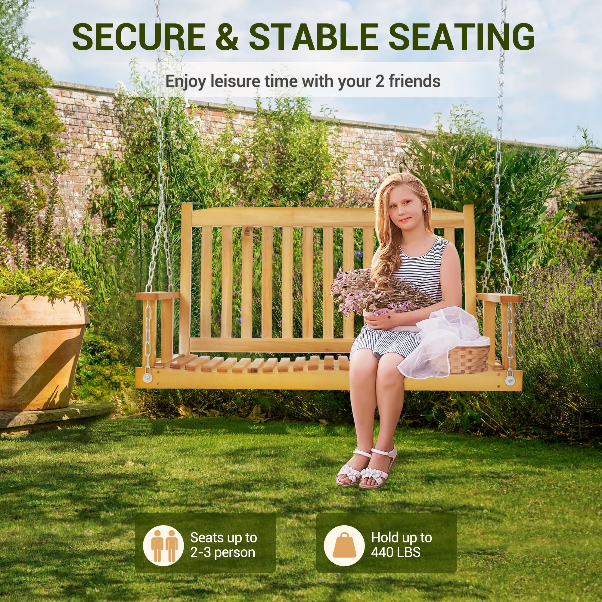 Garvee 2 Seater Outdoor Wooden Porch Swing Bench – Heavy Duty Hanging Swing Seat with Ergonomic Back & Adjustable Chains, 440lbs Capacity for Patio, Garden, Deck, Yard, Natural