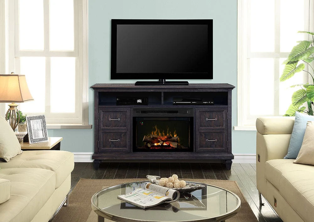 Solomon Electric Fireplace Media Console w/ Logs in Weathered Grey