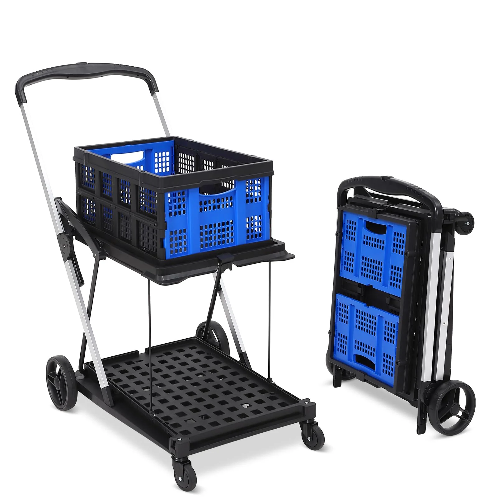 Garvee 2-Tier Folding Shopping Cart with Wheels, Collapsible Service Cart with Storage Crate, Utility Carts, 200LBS High-Capacity Storage Outdoor Wagon for Groceries, Hand Truck