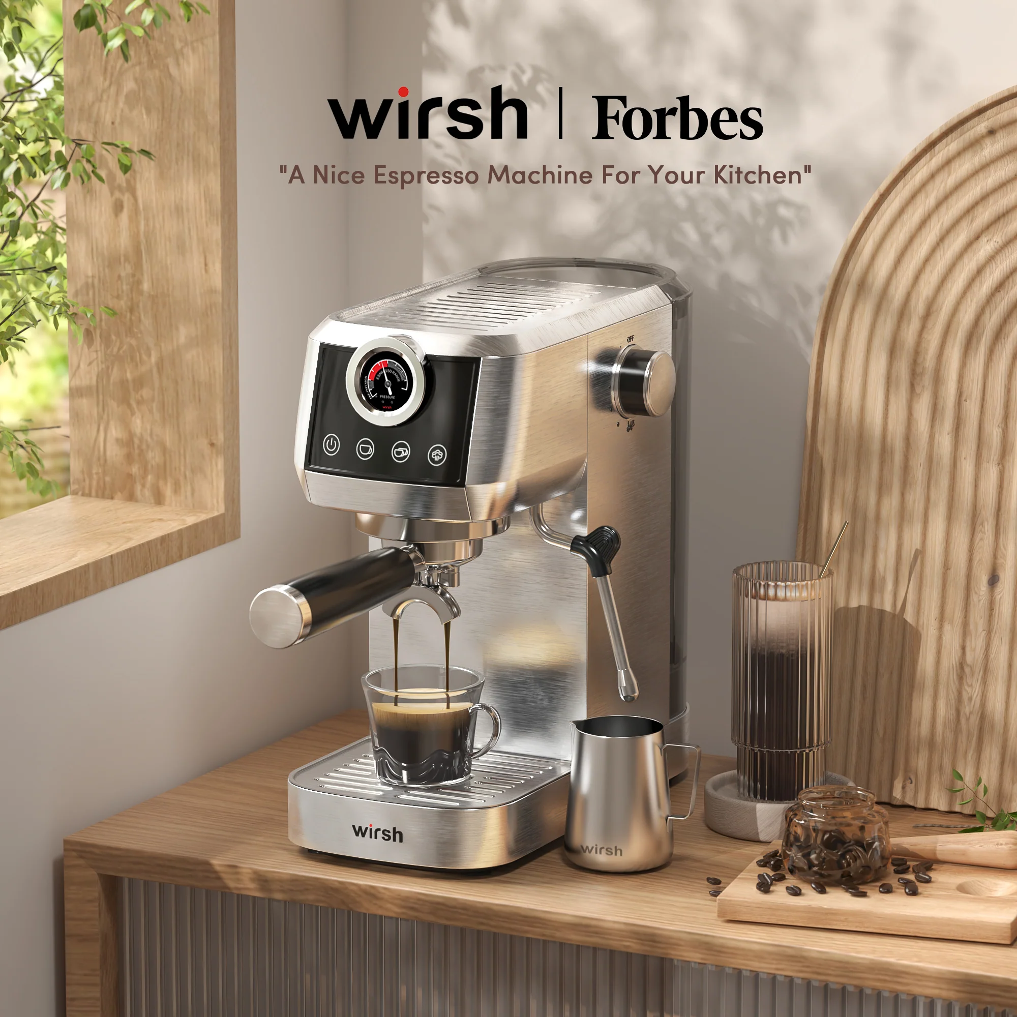 Wirsh 20 Bar Espresso Machine with Plastic Free Portafitler and Steamer, Pressure Gauge, Touch Screen, Full Stainless Steel (Home Barista Plus)