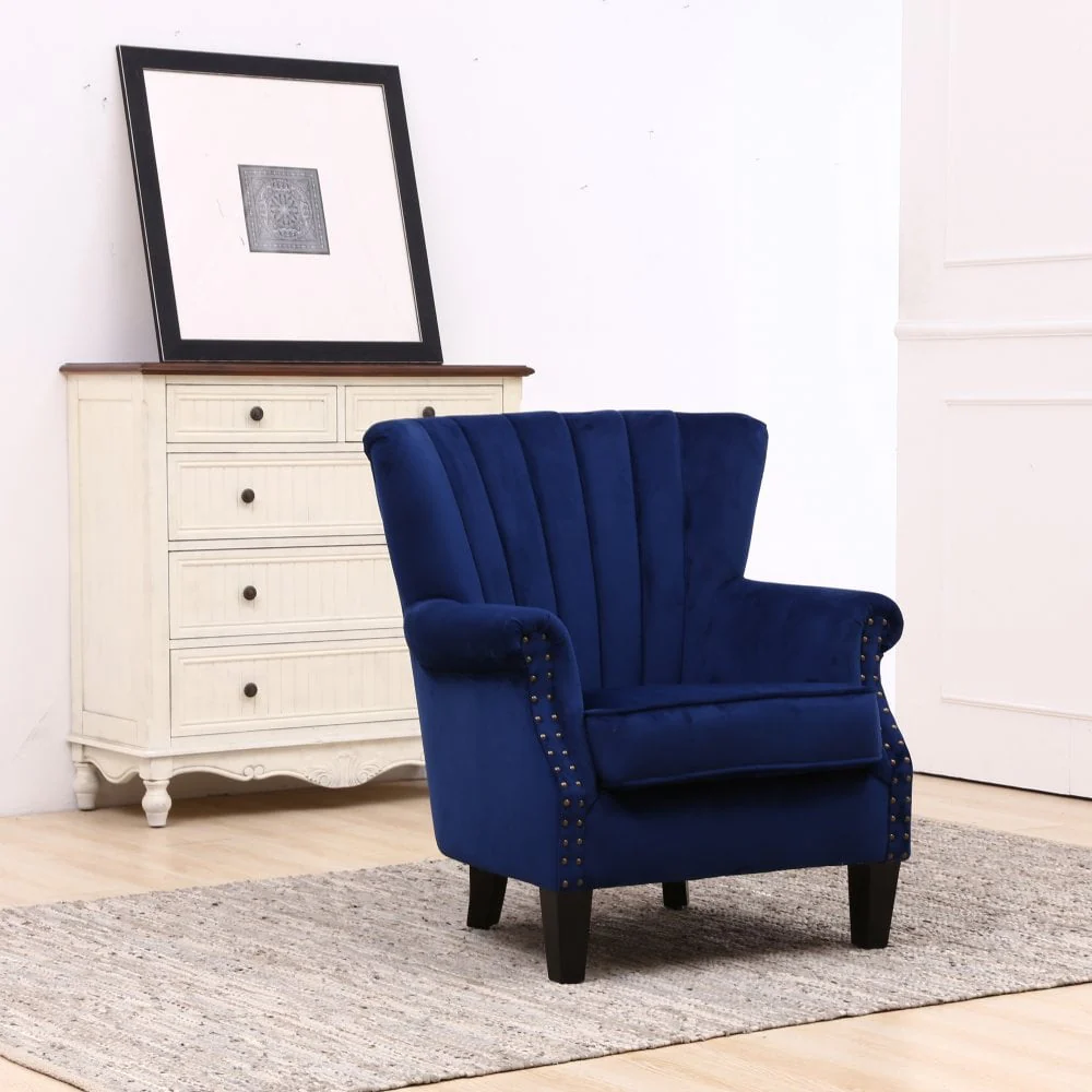 Blue Crushed Velvet Wing High Back Occasional Armchair