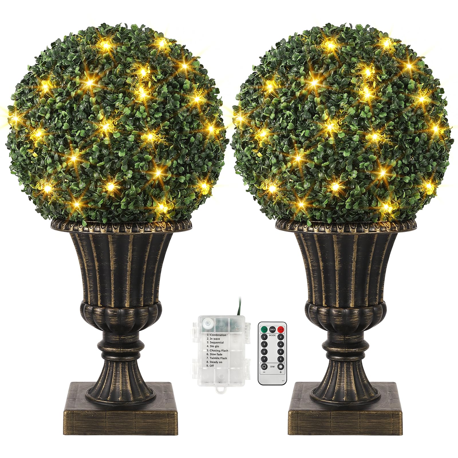 Garvee 16” Artificial Plant Topiary Ball, Pre-Lit Artificial Topiary Plant With Lights, Timer and Remote Control, Artificial Outdoor Porch Trees With Gold Urn Base for Outdoor Indoor，Gold