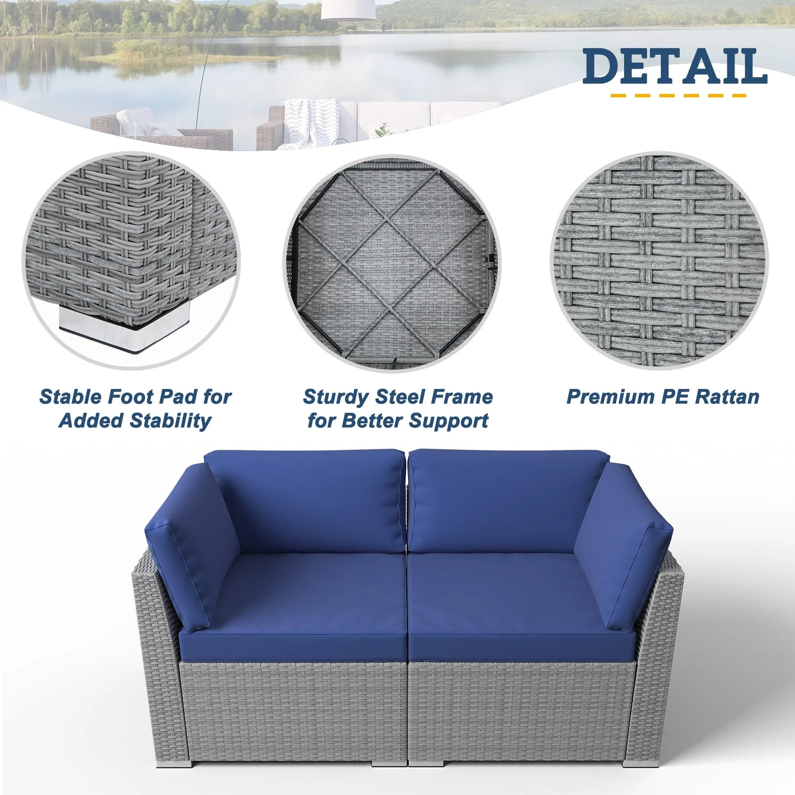 2 Piece Outdoor Wicker Loveseat with Removable Cushions, Sectional Wicker Loveseat Sofa