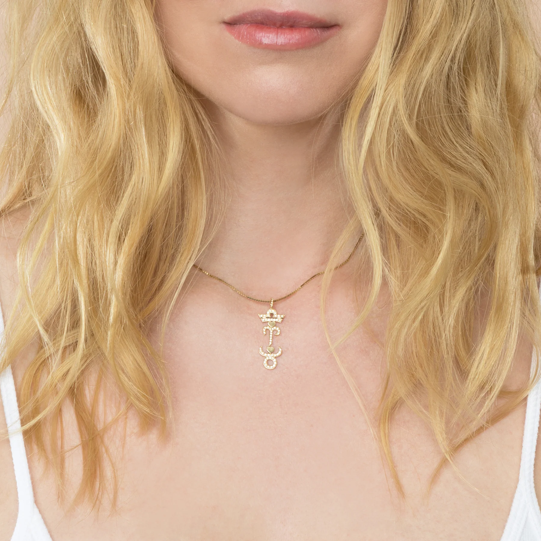 Custom Heart and Zodiac Pendant - White Diamond / 14k Yellow Gold