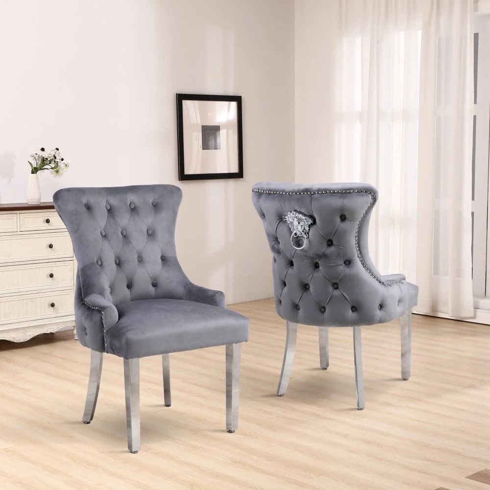 Set of Two Neo Grey Studded Velvet Dining Table Chairs with Mirrored Legs