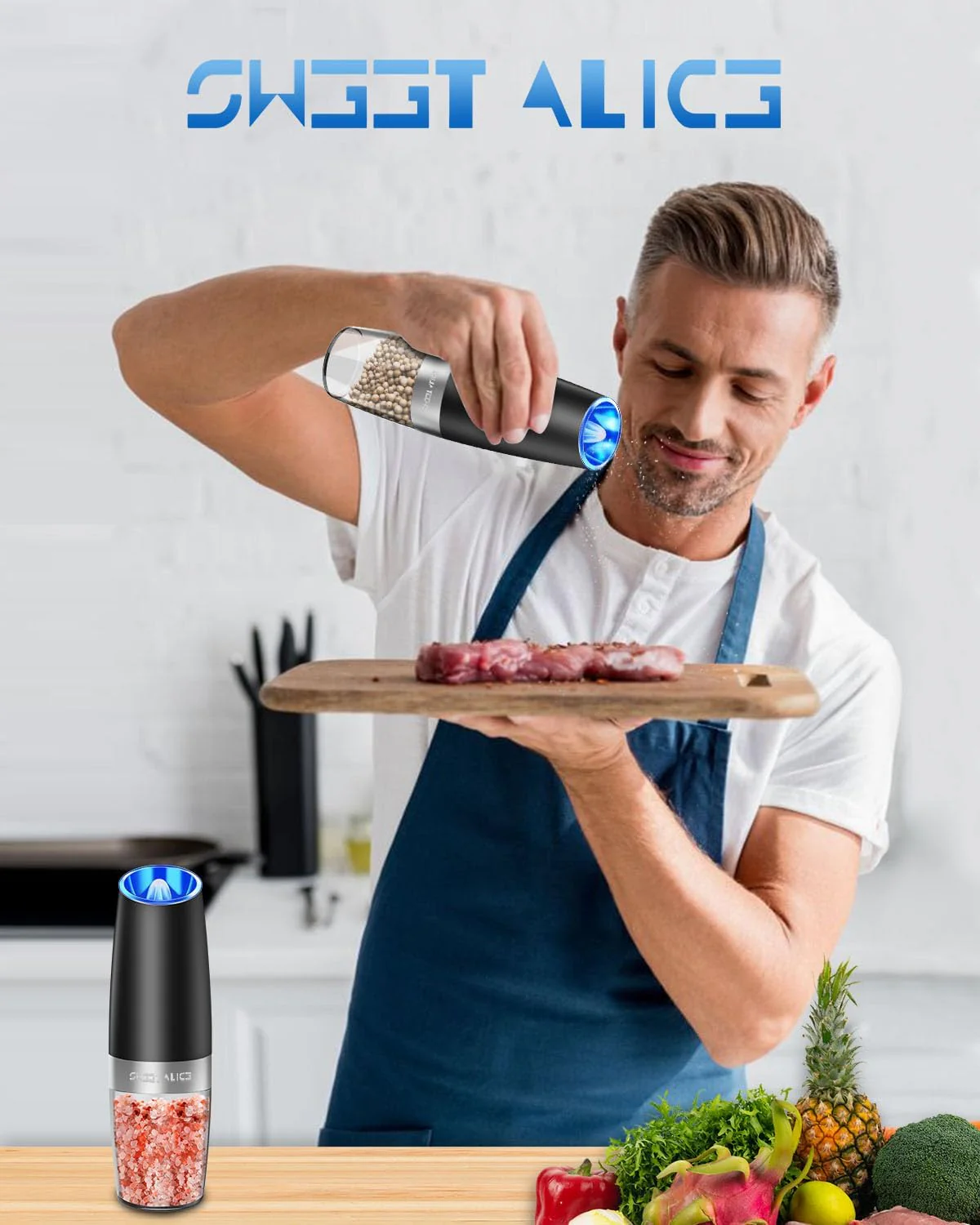 Electric Salt & Pepper Grinder Set, Adjustable Coarseness, LED, One-Hand Use, Stainless Steel 2-Pack