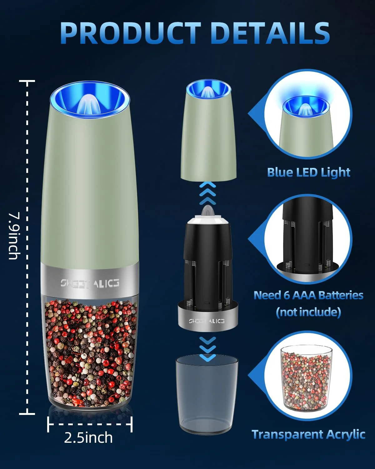 Electric Salt & Pepper Grinder Set, Adjustable Coarseness, LED, One-Hand Use, Stainless Steel 2-Pack