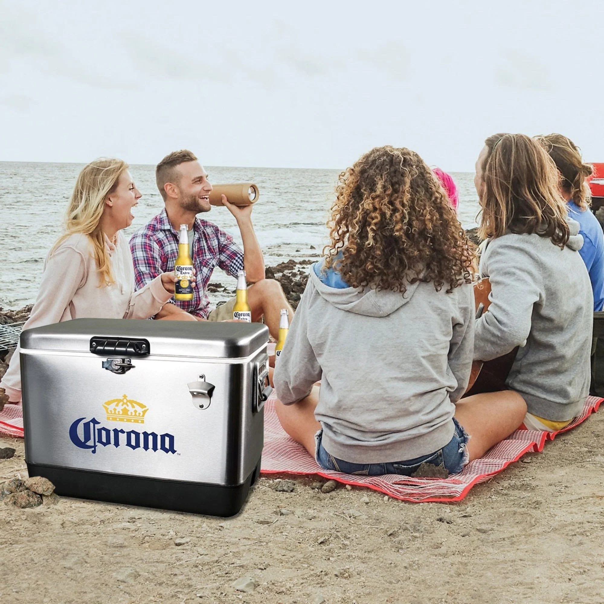 Corona Ice Chest Beverage Cooler with Bottle Opener, 51L (54 qt), 85 Can Stainless Steel Portable Cooler, Silver and Black, for Camping, Beach, RV, BBQs, Tailgating, Fishing
