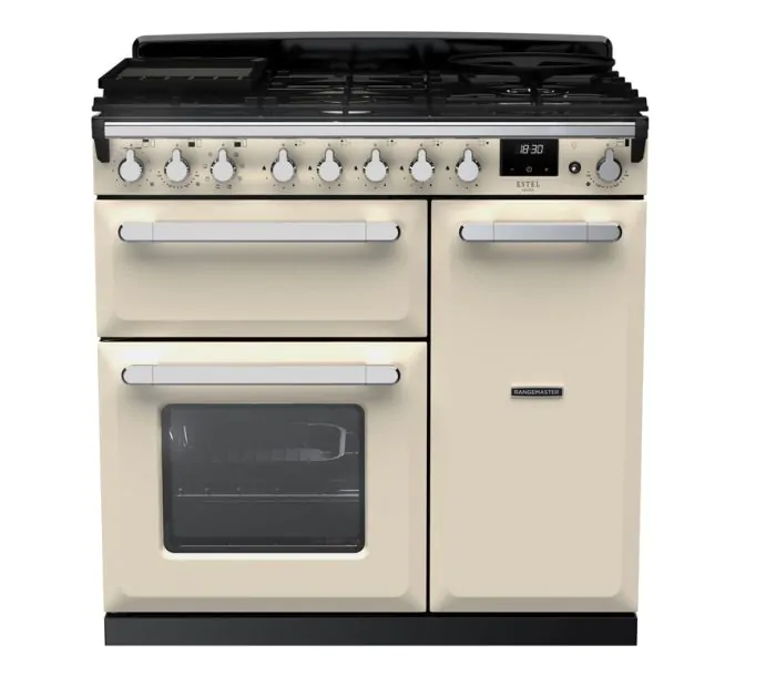 Rangemaster Estel Deluxe 90cm Dual Fuel Range Cooker Pale Cream/Chrome | ESDL90DFPPCR/CM1
