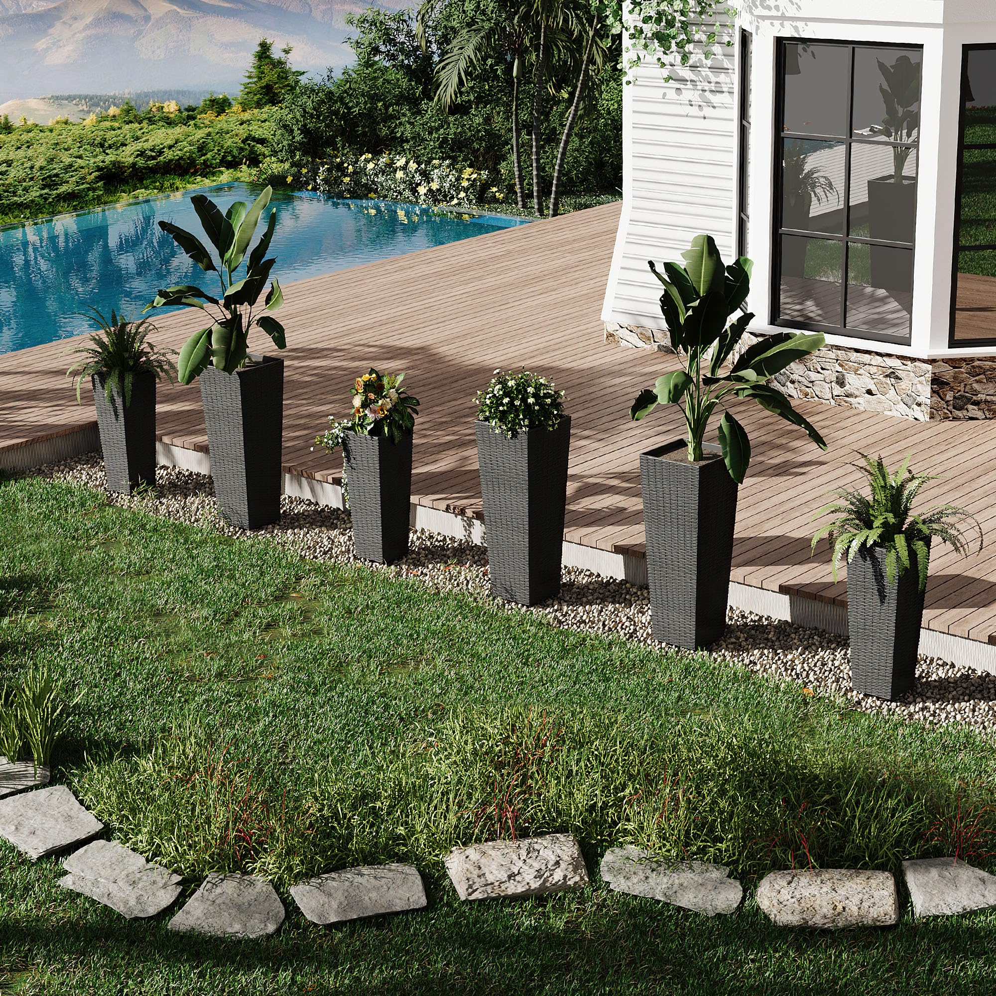 Garvee 2 Pack Large Planters for Indoor Plants, Outdoor Tall Planter with Drainage Holes, Plant Pots for Trees Flowers, All-Weather Use with Removable Insert Bucket (24inch, 32 inch, Black)