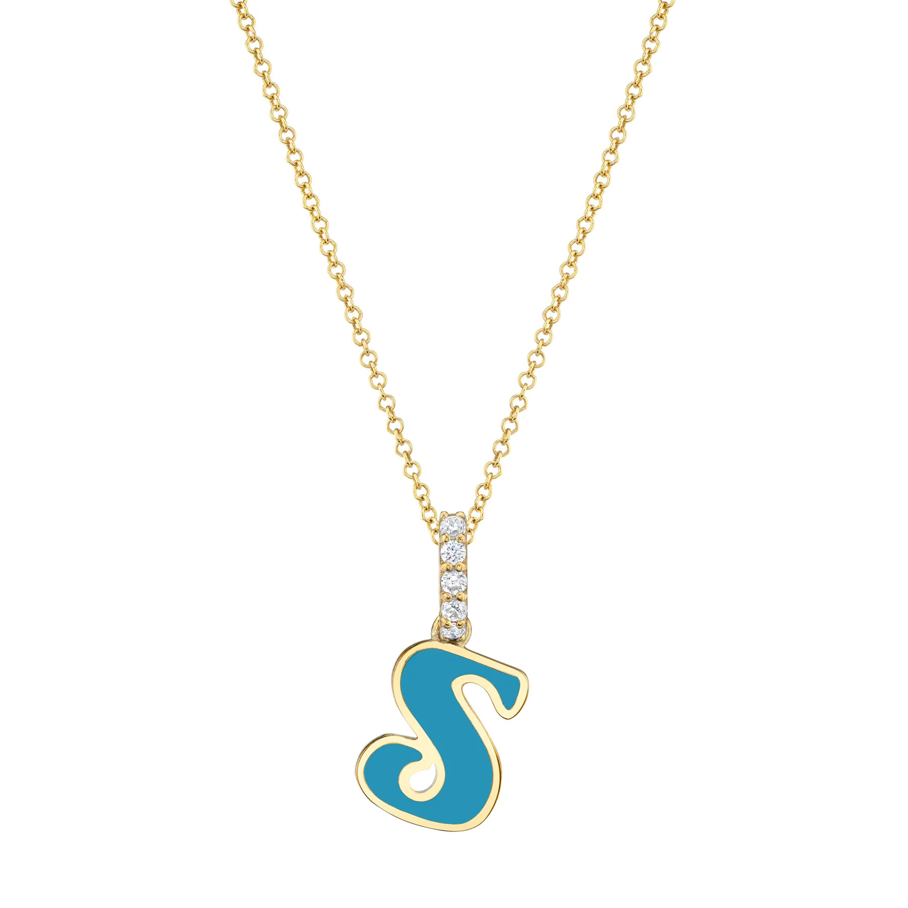 Enamel Letter Pendant - White Diamond and Turquoise Enamel / 14k Yellow Gold