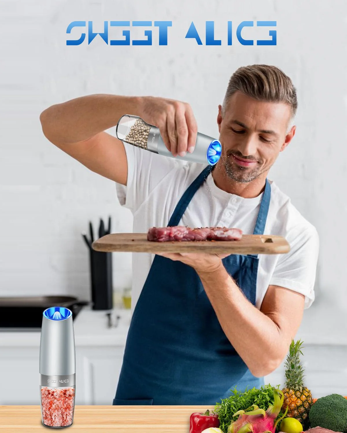 Electric Salt & Pepper Grinder Set, Adjustable Coarseness, LED, One-Hand Use, Stainless Steel 2-Pack