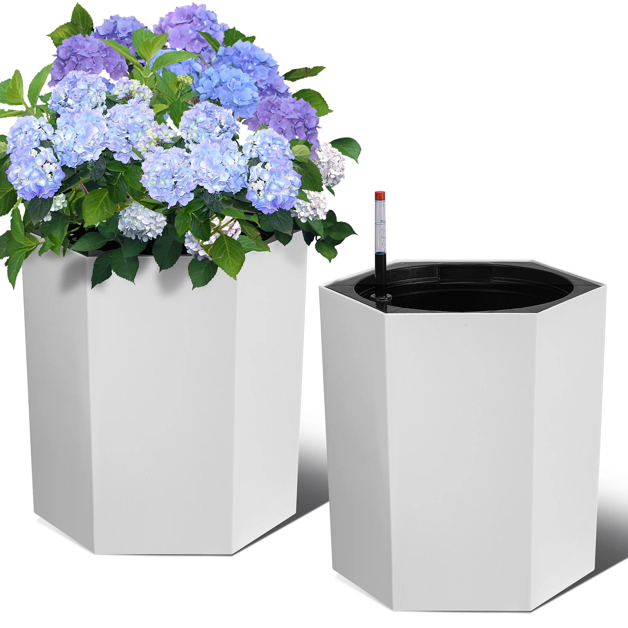 Garvee 16″ Tall Planters Outdoor Set of 2, Self Watering Indoor Plant Pots with Water Level Monitoring & Wheels & Water Outlet, Large Planter Pots for Garden, Patio, Balcony, Lounge, White