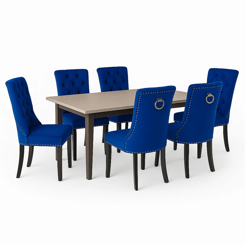 Neo Set Of Six Midnight Blue Studded Velvet Dining Chairs with Ring Knocker Detail