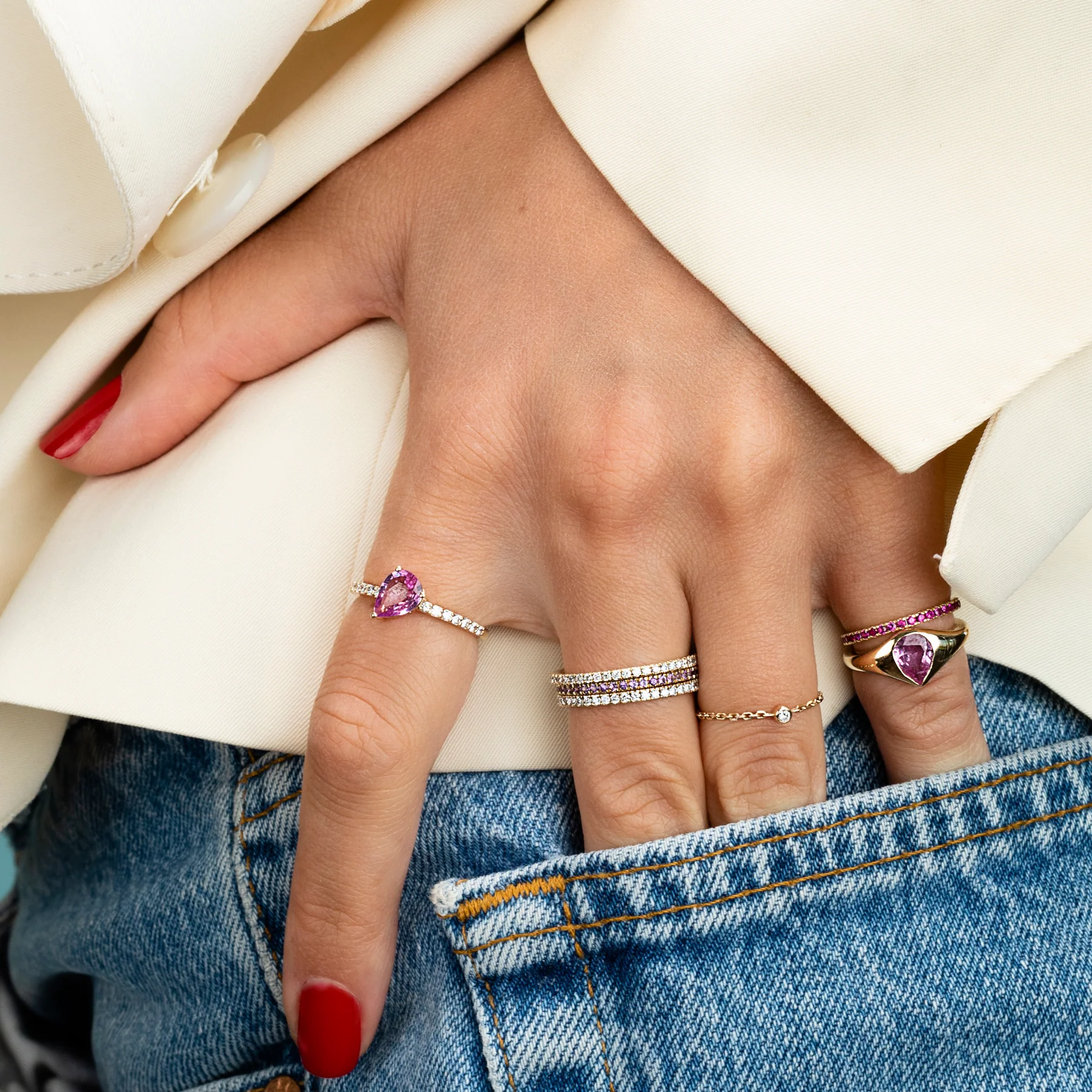 Pear Diagonal Set Band - Pink Sapphire / 14k Yellow Gold