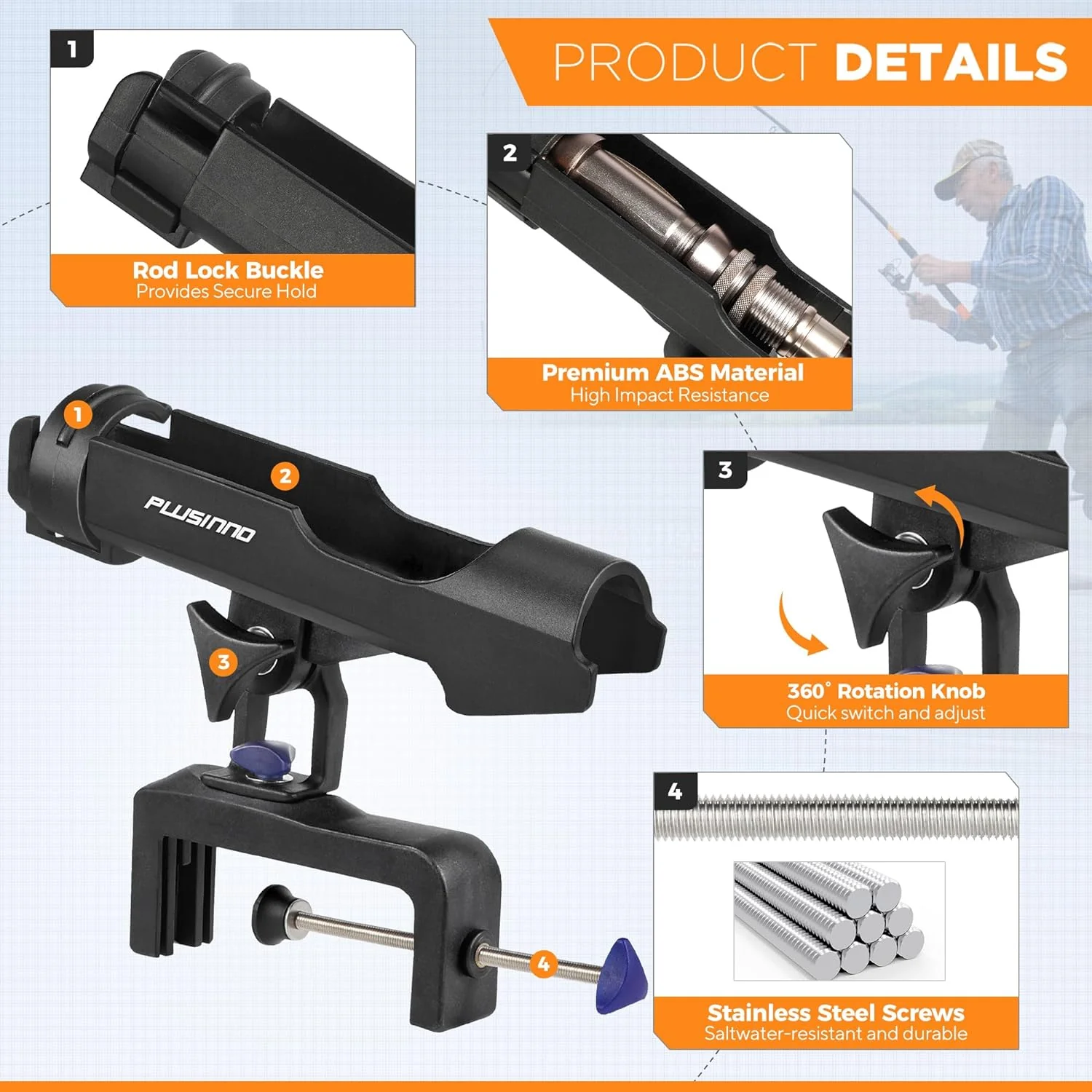 Fishing Boat Rods Holder Large Clamp Opening 360 Degree Adjustable