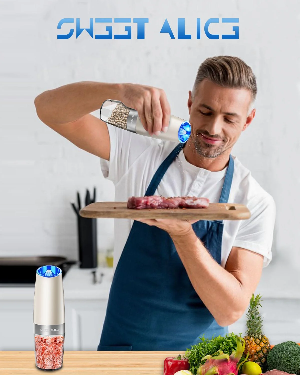 Electric Salt & Pepper Grinder Set, Adjustable Coarseness, LED, One-Hand Use, Stainless Steel 2-Pack