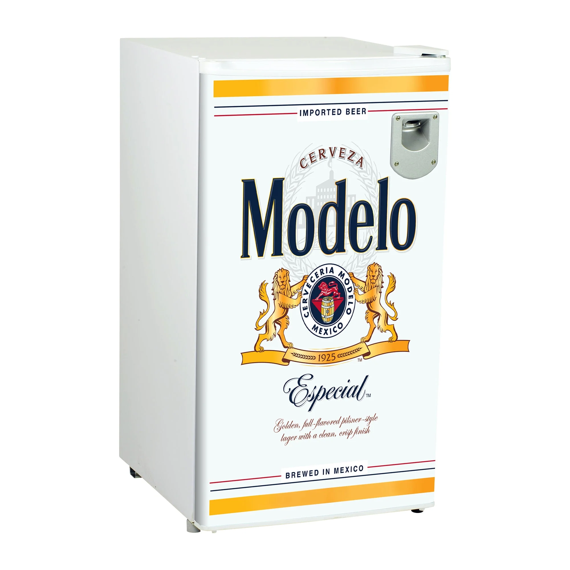 Modelo Compact Fridge w/ Bottle Opener, 3.2 cu ft (90L), White, Space-Saving Flat Back Design, Reversible Door, Tempered Glass Shelves, Licensed Modelo Artwork, Perfect for Beer-Lovers
