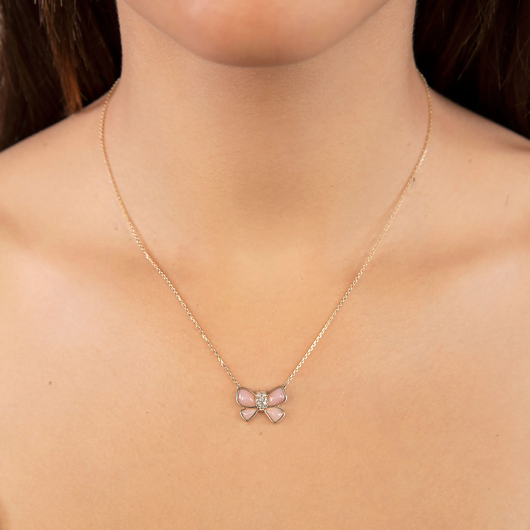 Hand Carved Bow Necklace - White Diamond and Pink Opal / 14k Yellow Gold