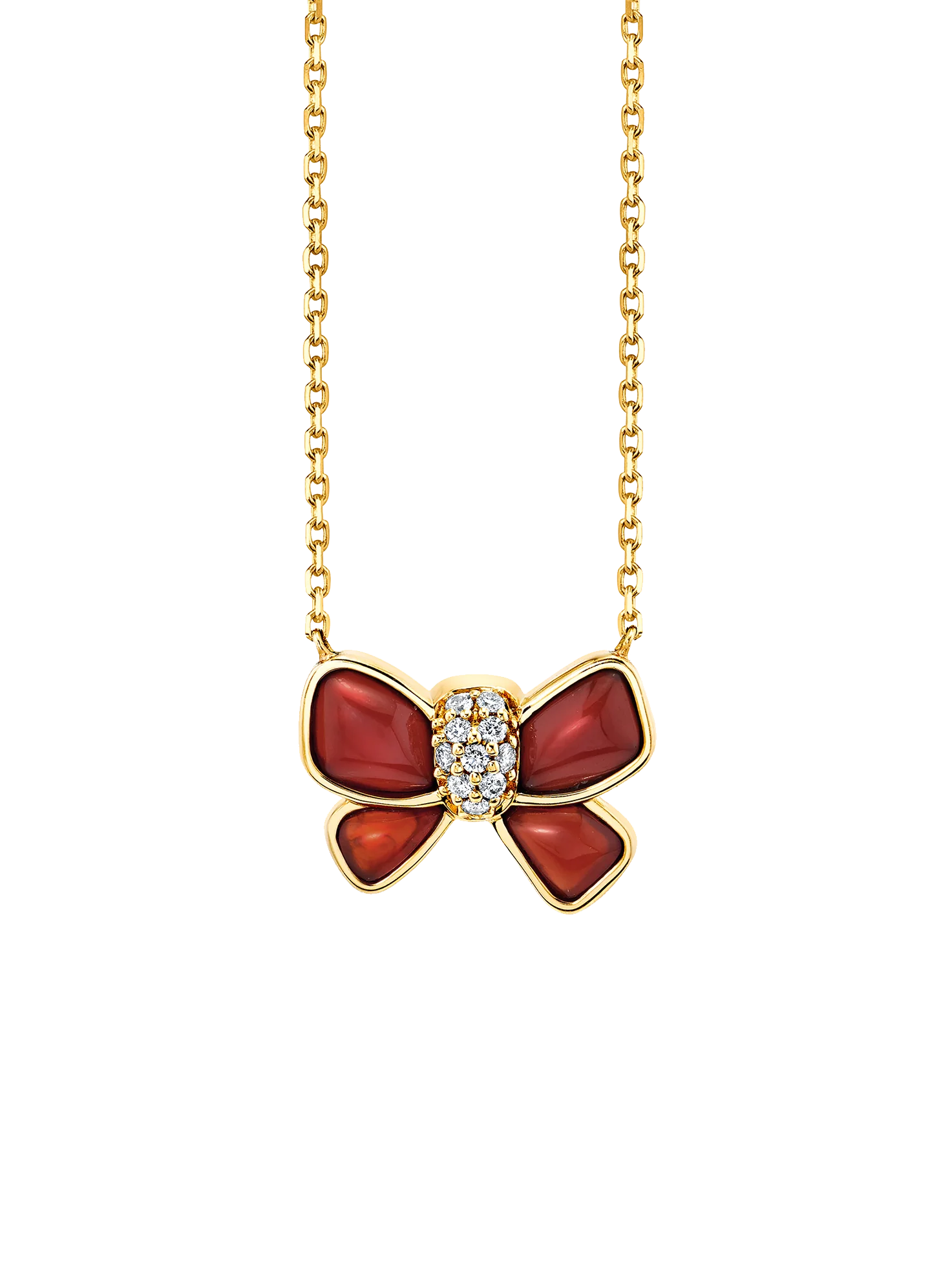 Hand Carved Bow Necklace - White Diamond and Red Agate / 14k Yellow Gold