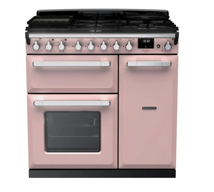 Rangemaster Estel Deluxe 90cm Dual Fuel Range Cooker | Pale Pink/Chrome | ESDL90DFPPPK/CM1