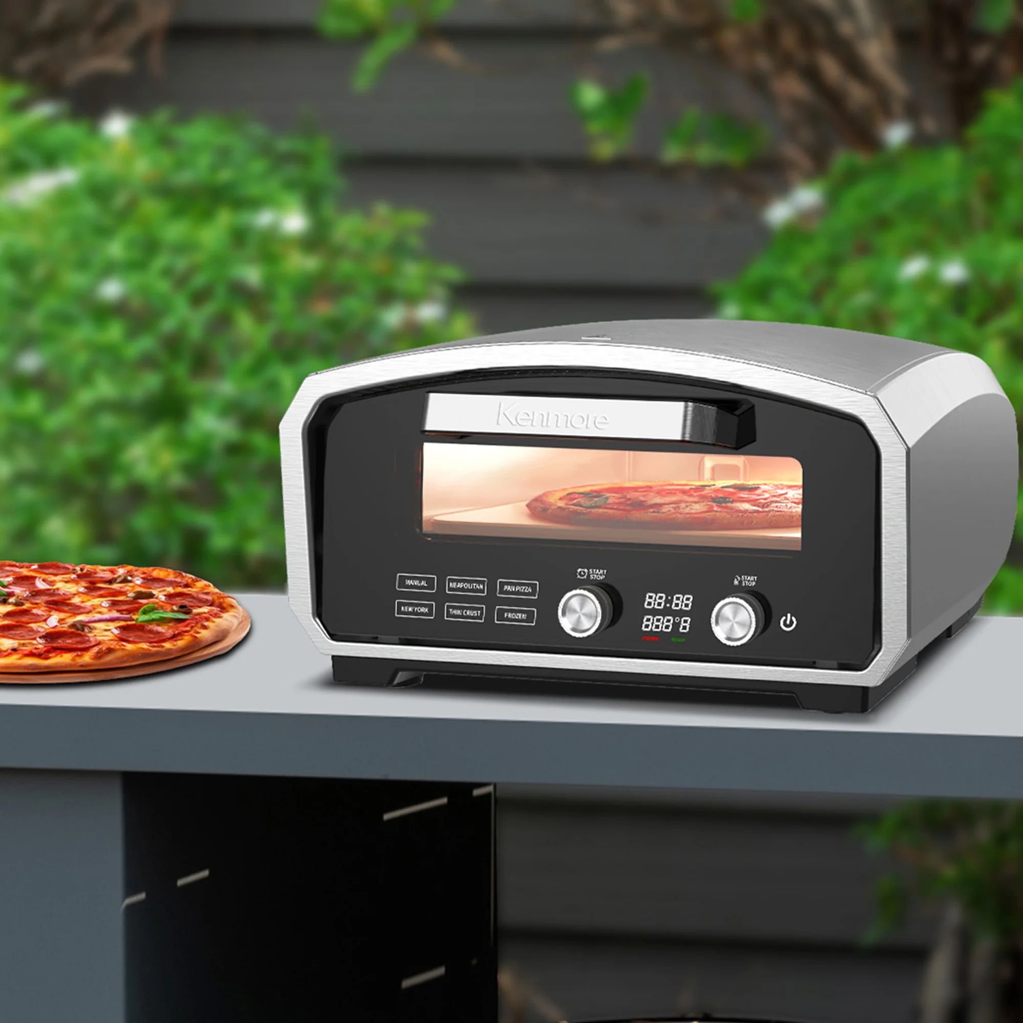 Kenmore Outdoor/Indoor Electric Pizza Oven 鈥?Cooks 13鈥?Pizza In Minutes | 850掳F For Wood Fired Taste | Weather-Resistant Portable Countertop Oven | 5 Presets | Pizza Stone & Peel | Stainless Steel