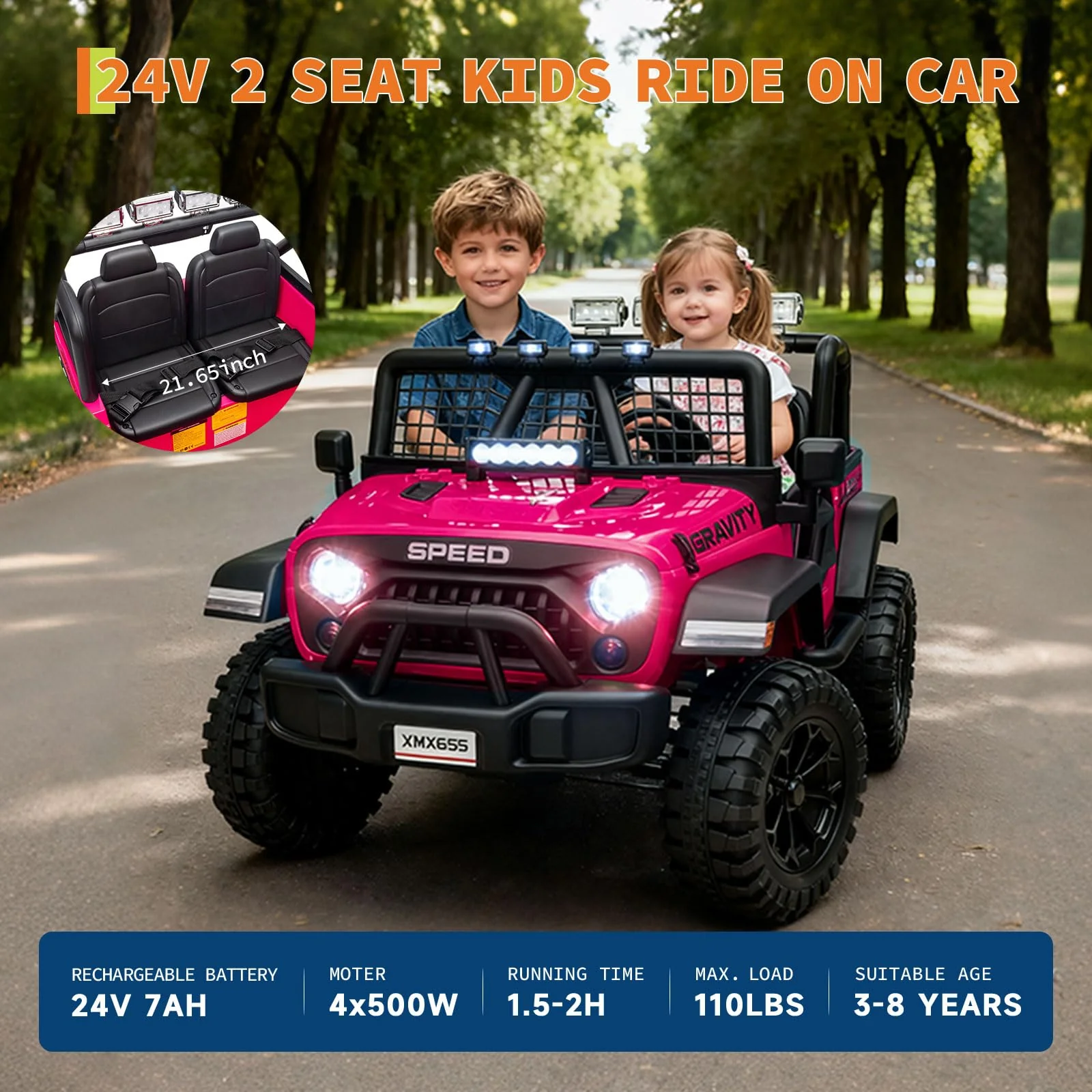 Garvee 2 Seater Ride On Car for Kids Pink 24V Electric Truck with Parent Remote Control Spring Suspension 47.2