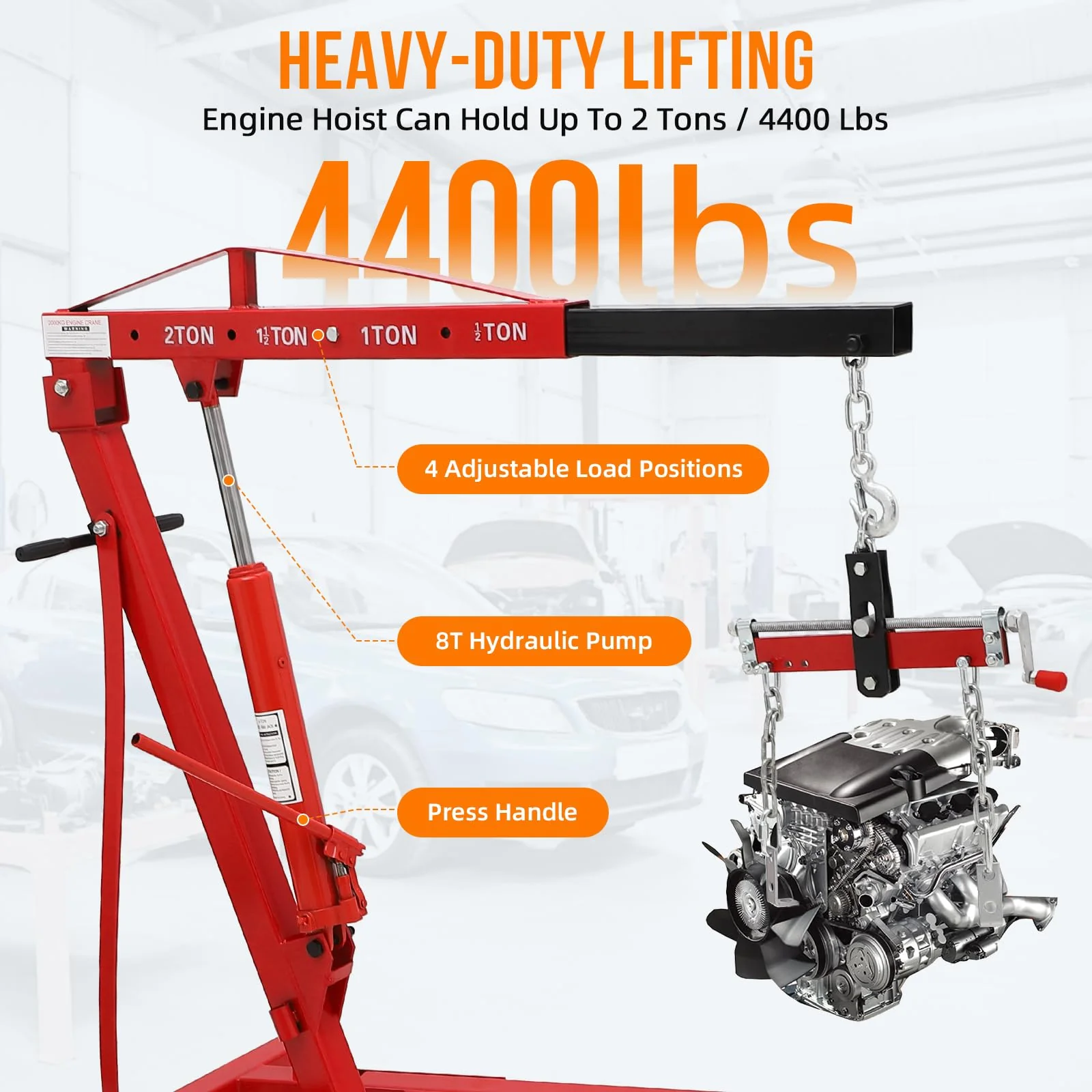 Garvee 2 Ton Folding Hydraulic Engine Hoist with Lever, Folding Engine Shop Crane Hoist Lift, Heavy Cherry Picker with 6 Wheels for Garage, Workshop,Red