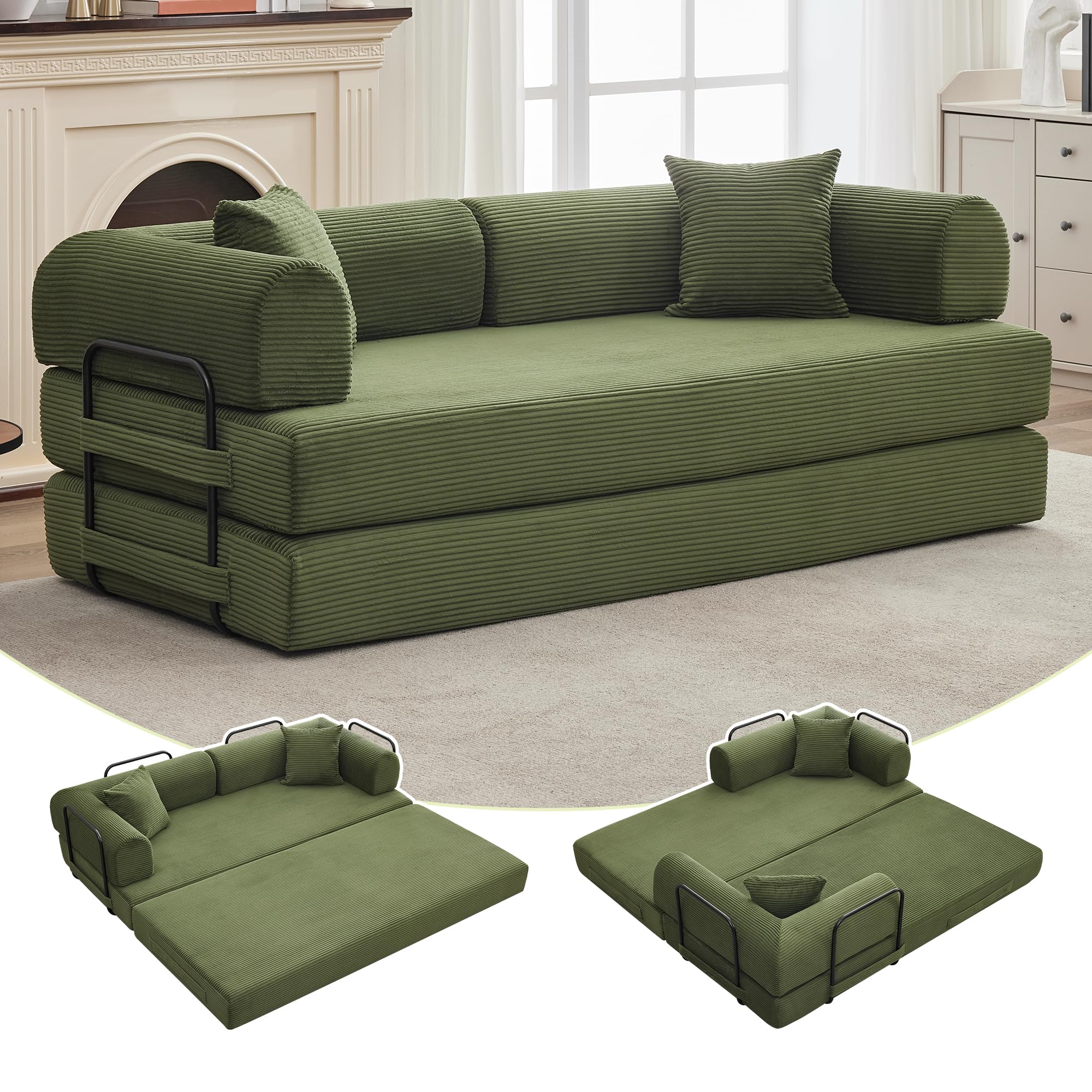 Garvee 2 in 1 Convertible Sleeper Sofa Bed Couch, Comfy Corduroy Folding Sofa Bed with Deep Seat & Wide Armrest, No Assembly, Boneless Floor Couch for Living Room Apartments, Green