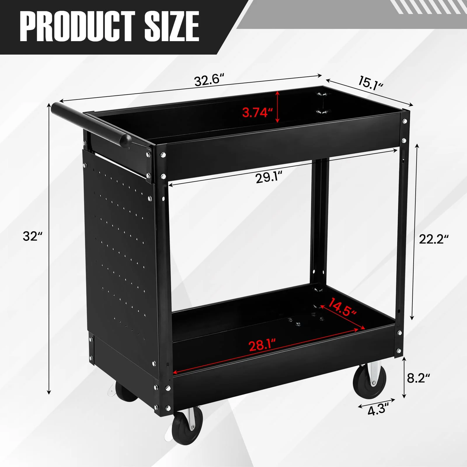 Garvee 2 Tier Rolling Tool Cart,330 Lbs Metal Heavy Duty Utility Cart On Wheels,2 Shelf Steel Utility Cart, Tool Storage Organizer for Mechanic, Garage, Workshop, Warehouse & Repair Shop