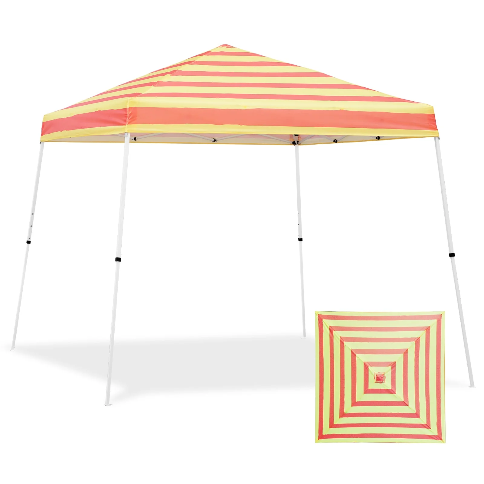 10x10 Slant Leg Pop-up Canopy Tent, 10x10 Base 8x8 Top (Orange Yellow Stripe)