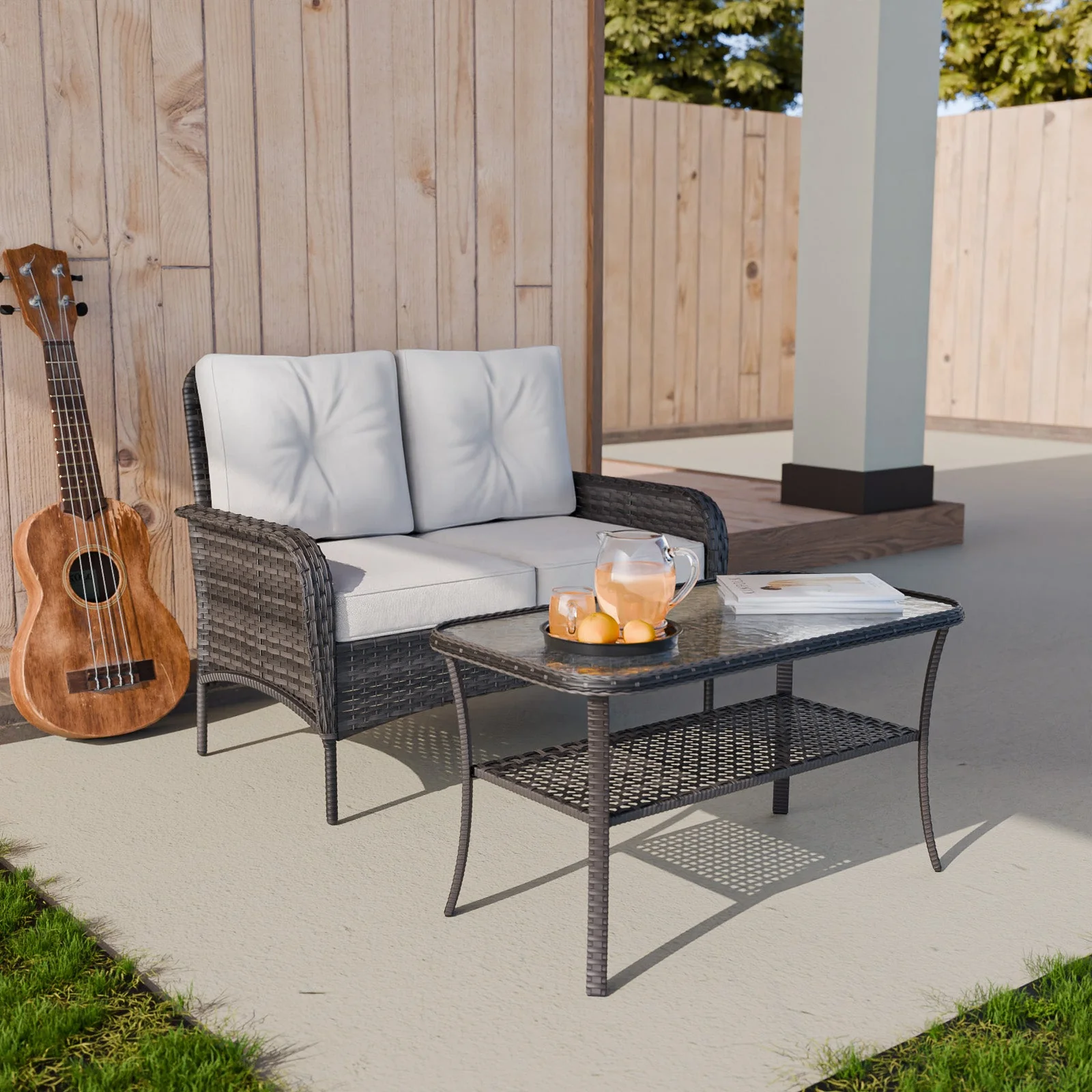 3 PCS Patio Rocking Chair Set, Rattan Wicker Furniture Set