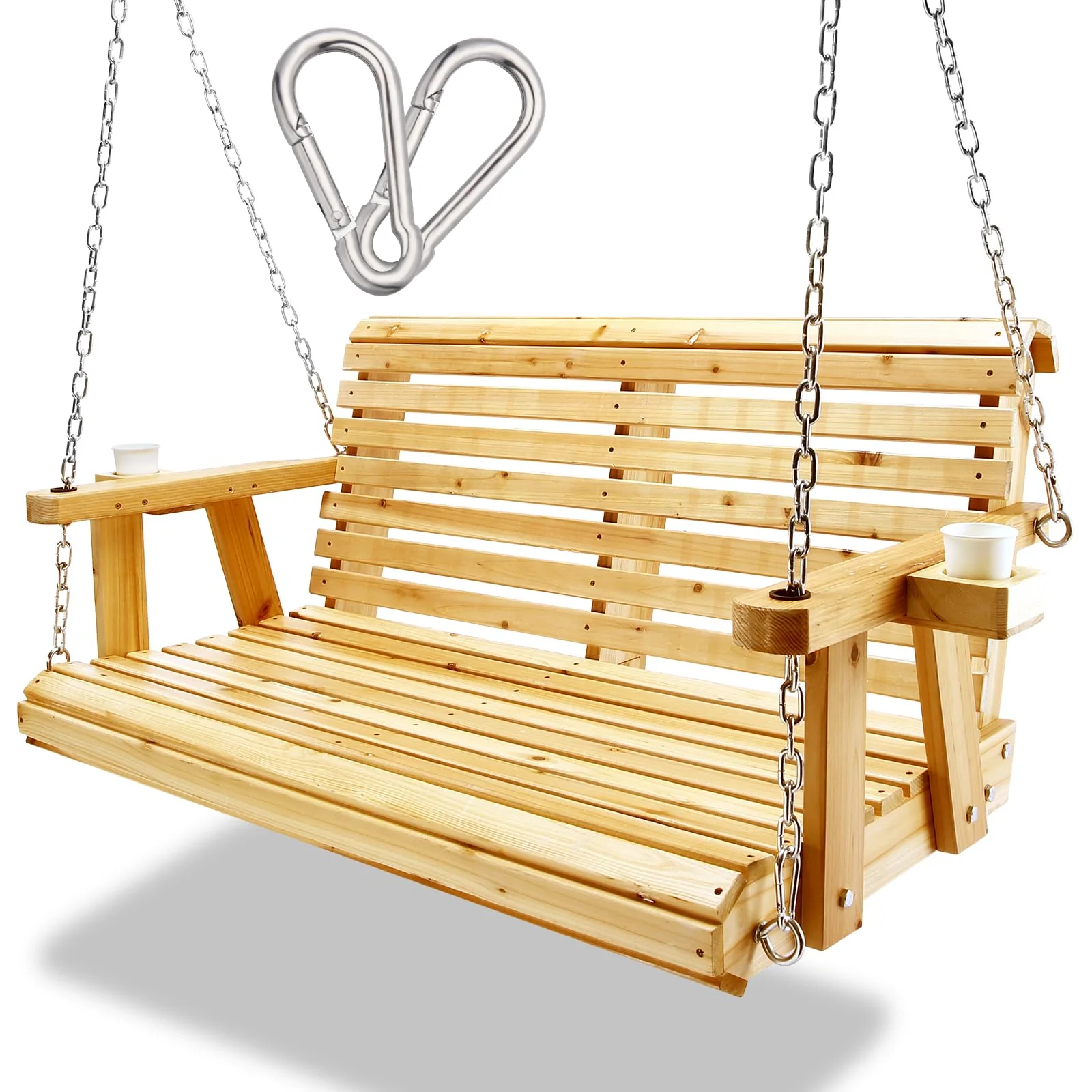 Garvee 2-Seater Wooden Porch Swing with Hanging Chains - Outdoor Patio Swing Bench with Cup Holders for Porch, Garden, Courtyard, Balcony