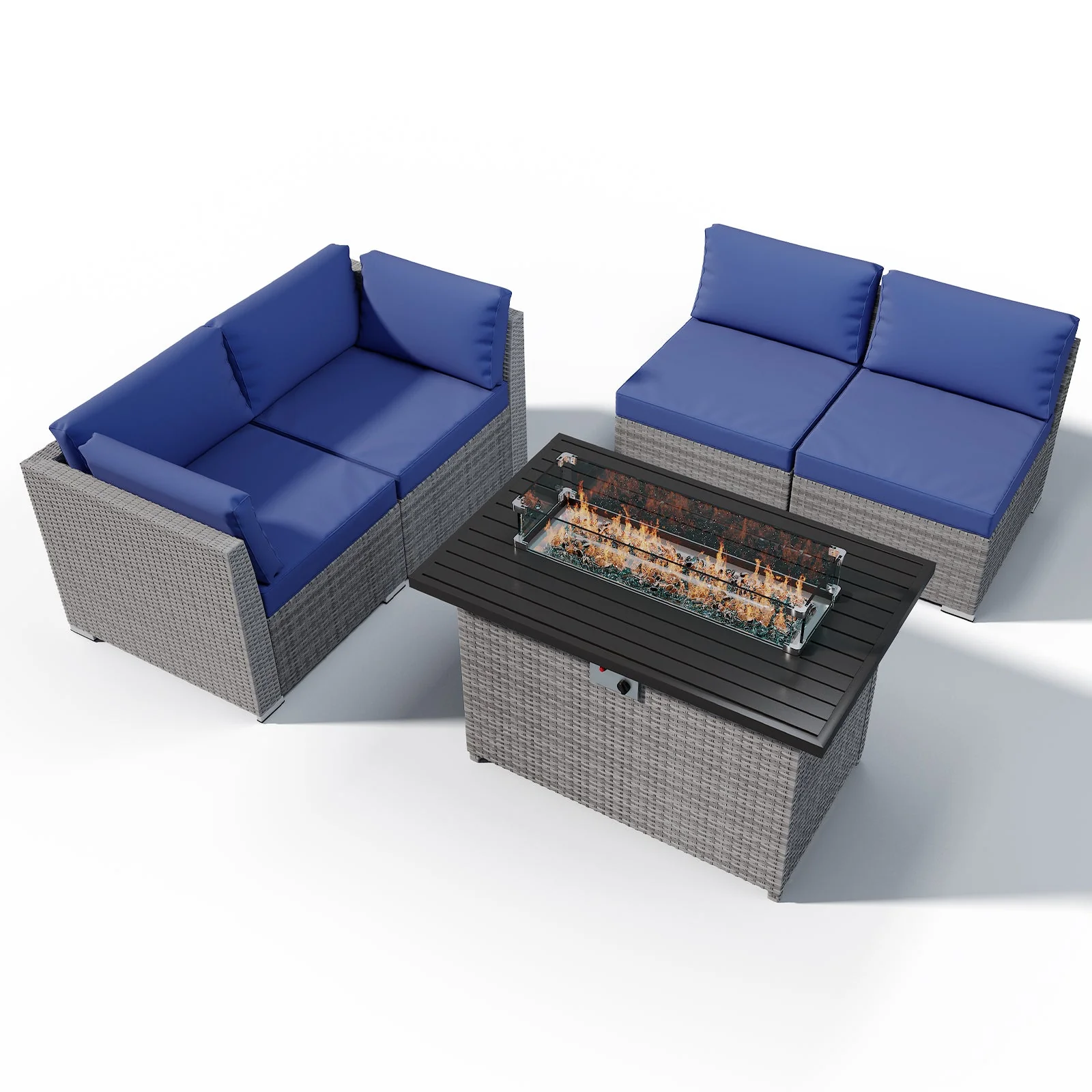 5 Piece Outdoor Wicker Patio Furniture Set with Fire Table, PE Rattan Sectional Conversation Sofa Set with Seating for 4 People