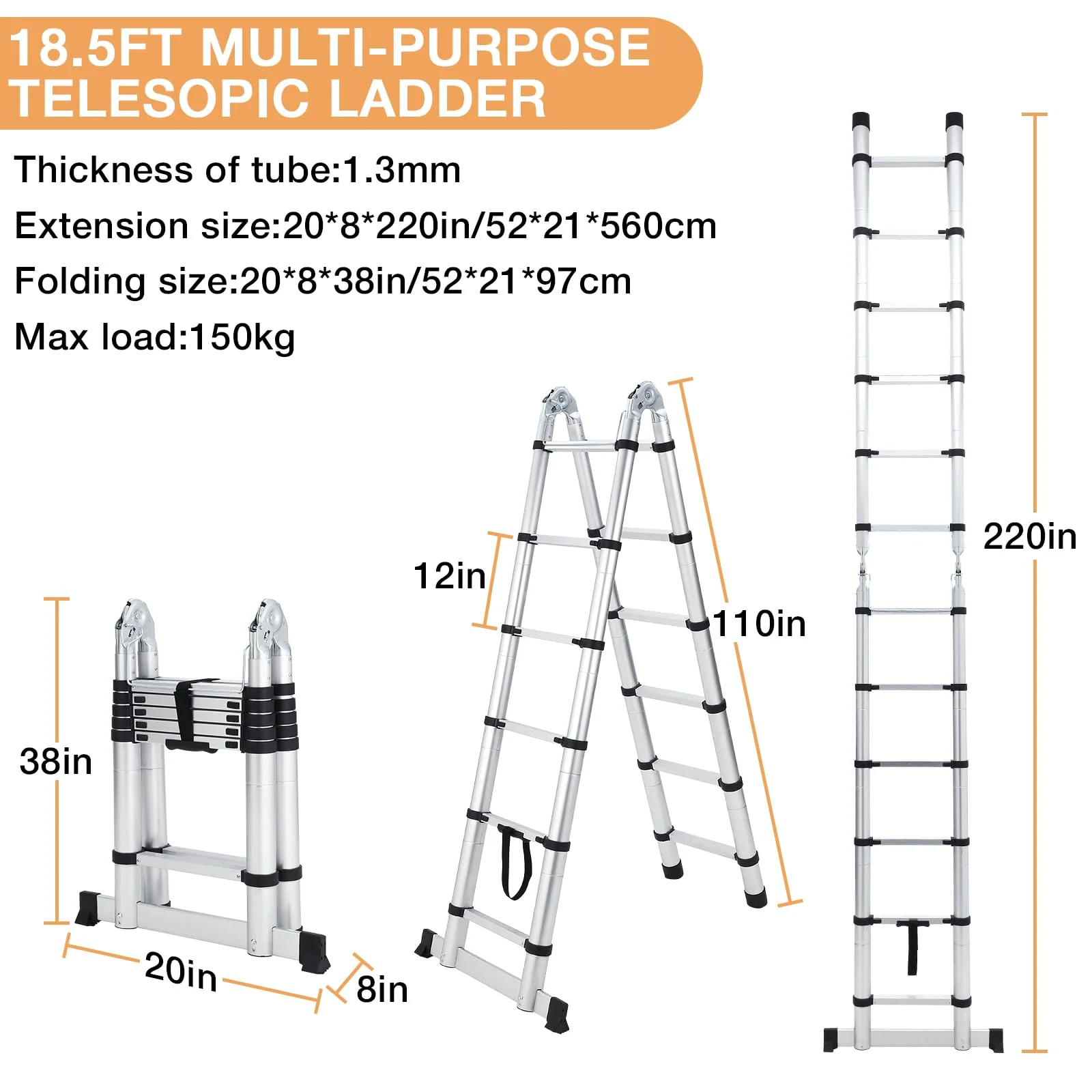 Garvee 18.5FT Telescoping Ladder, Extension Ladder Aluminum Folding Ladder Collapsible Ladder, Telescopic Ladders Foldable Extendable Ladder for Home Homeuse Rv Attic Roof