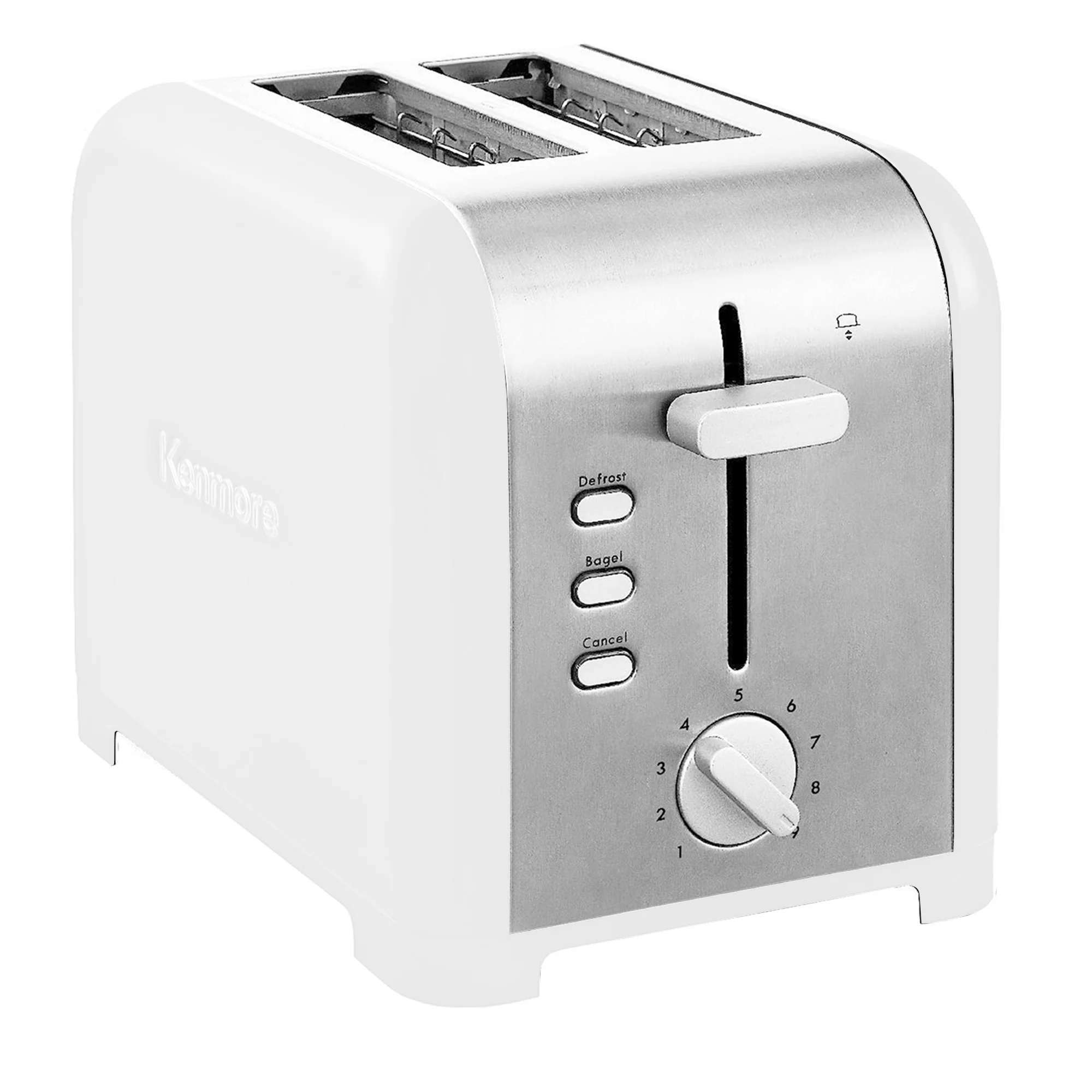 Kenmore 2-Slice Stainless Steel Toaster, White & Silver, Extra Wide Slots, Bagel & Defrost Functions, 9 Browning Levels, Removable Crumb Tray, For Bread, Toast, English Muffin, Toaster Strudel